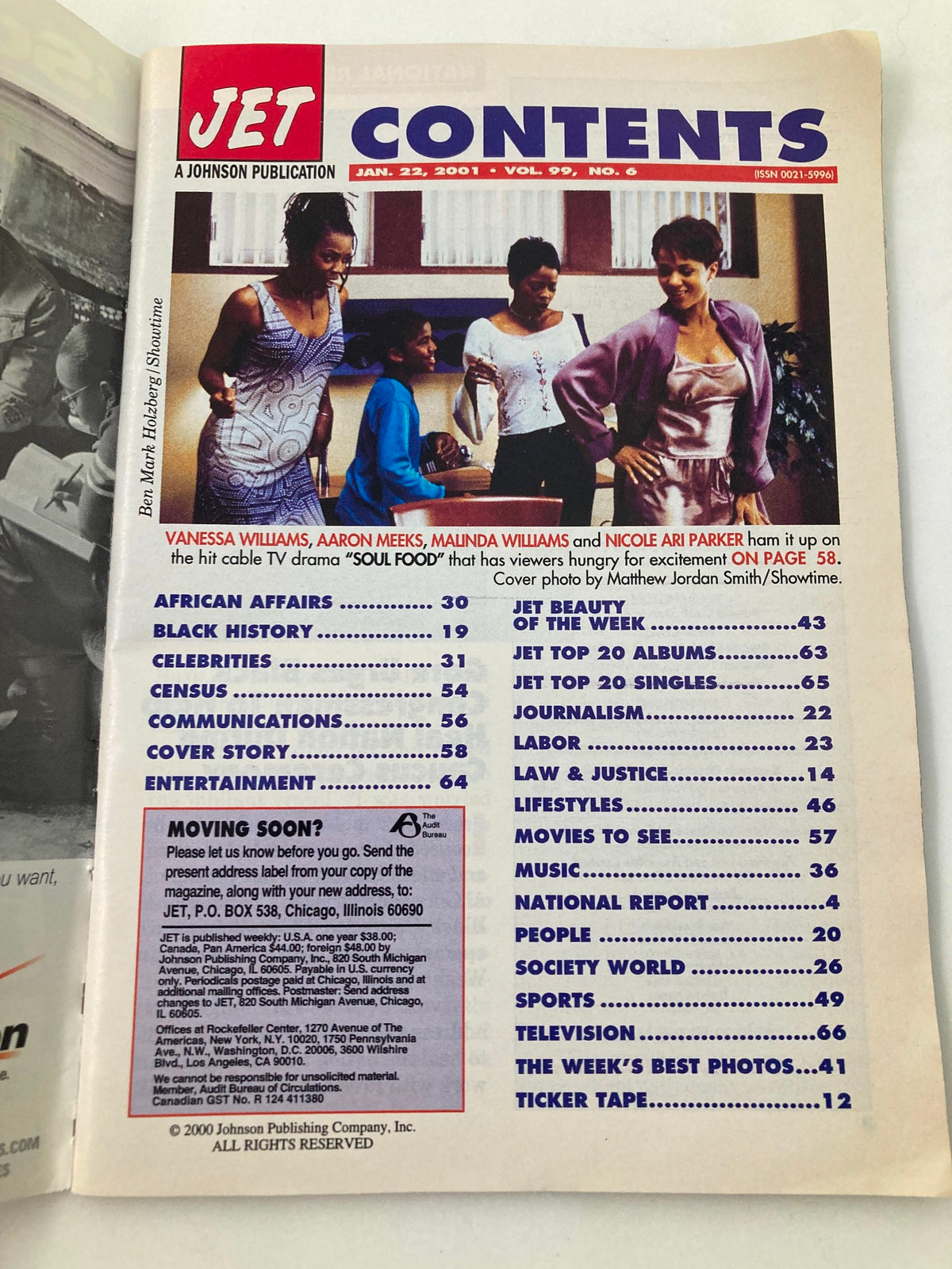 Contents page of Jet Magazine January 22, 2001, Vol 99 No 6, detailing articles including features on Vanessa Williams and entertainment updates.