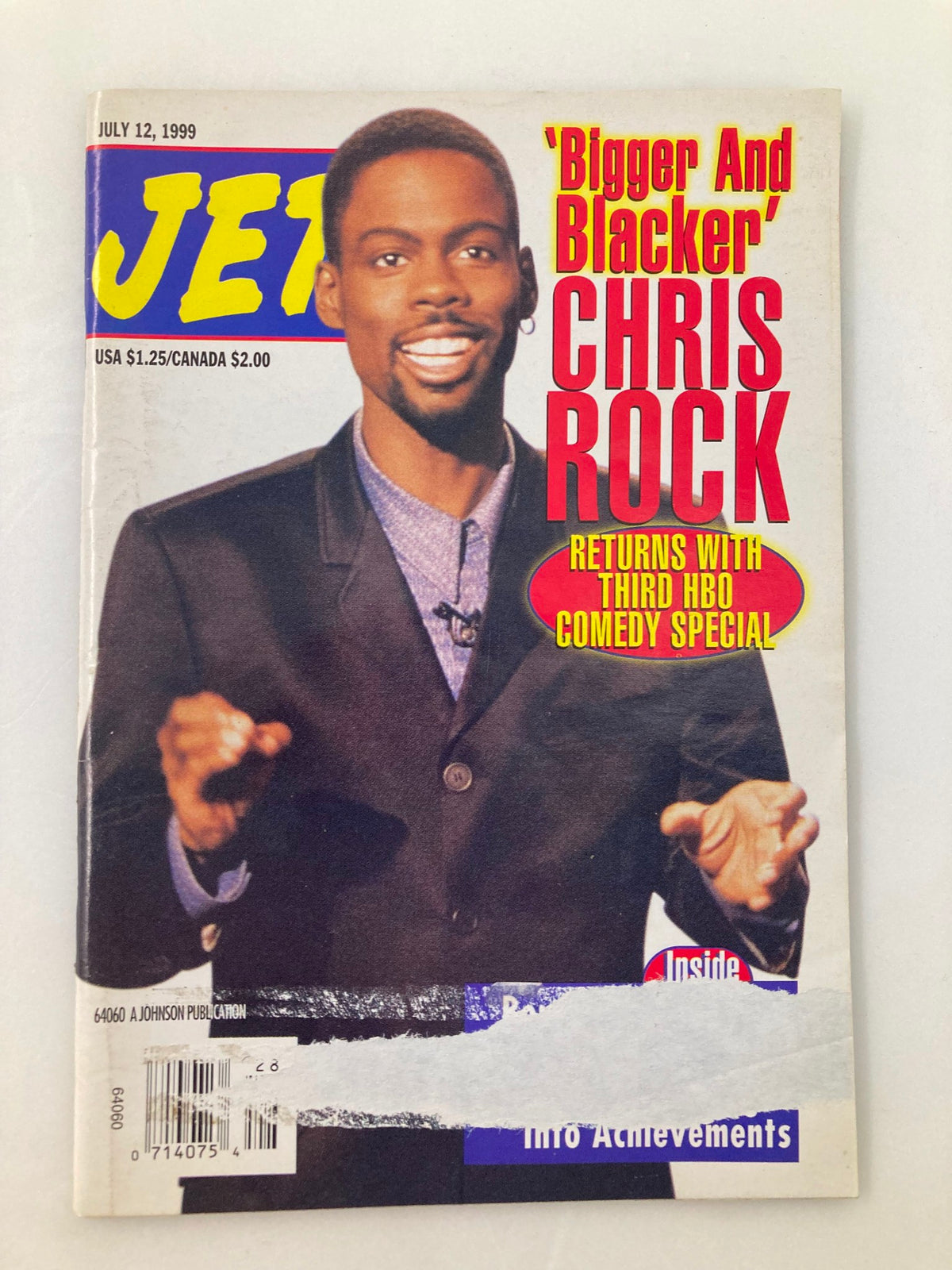 Jet Magazine July 12 1999 Vol 96 #6 featuring Chris Rock on the cover, promoting his third HBO comedy special 'Bigger And Blacker.' The magazine shows Chris Rock smiling while wearing a black suit.