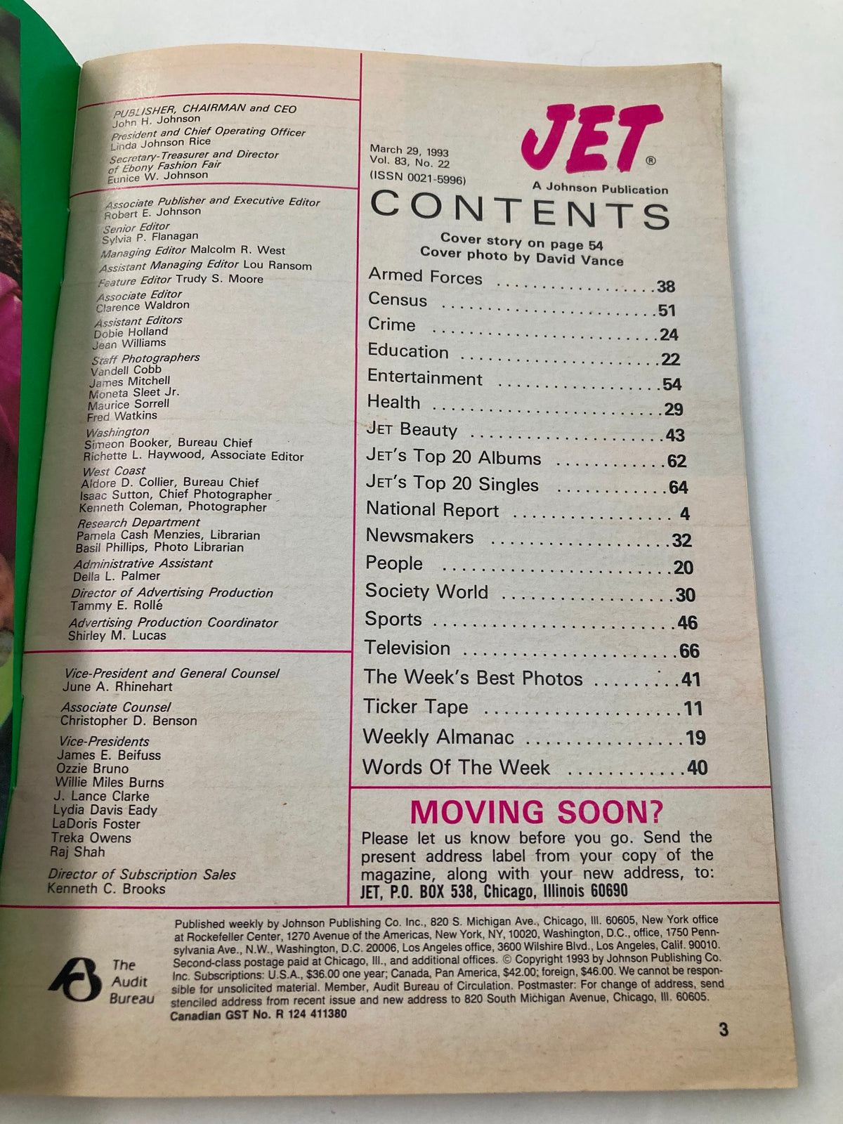 Contents page from Jet Magazine issue dated March 29, 1993, detailing various articles including health, entertainment, and features.