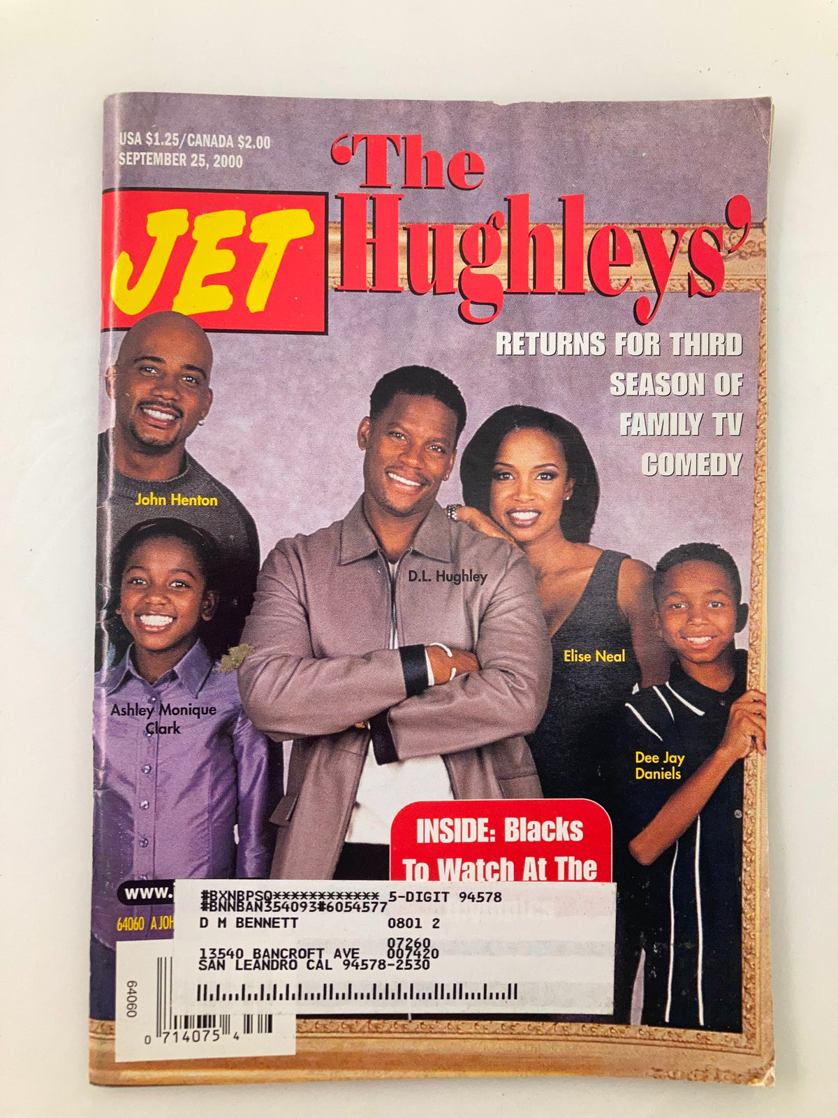Jet Magazine September 25 2000 Vol 98 #16 featuring John Henton and D.L. Hughley on the cover. The magazine highlights the return of 'The Hughleys' for its third season, showcasing a family comedy theme, with a prominent address label on the front and minor wear visible.