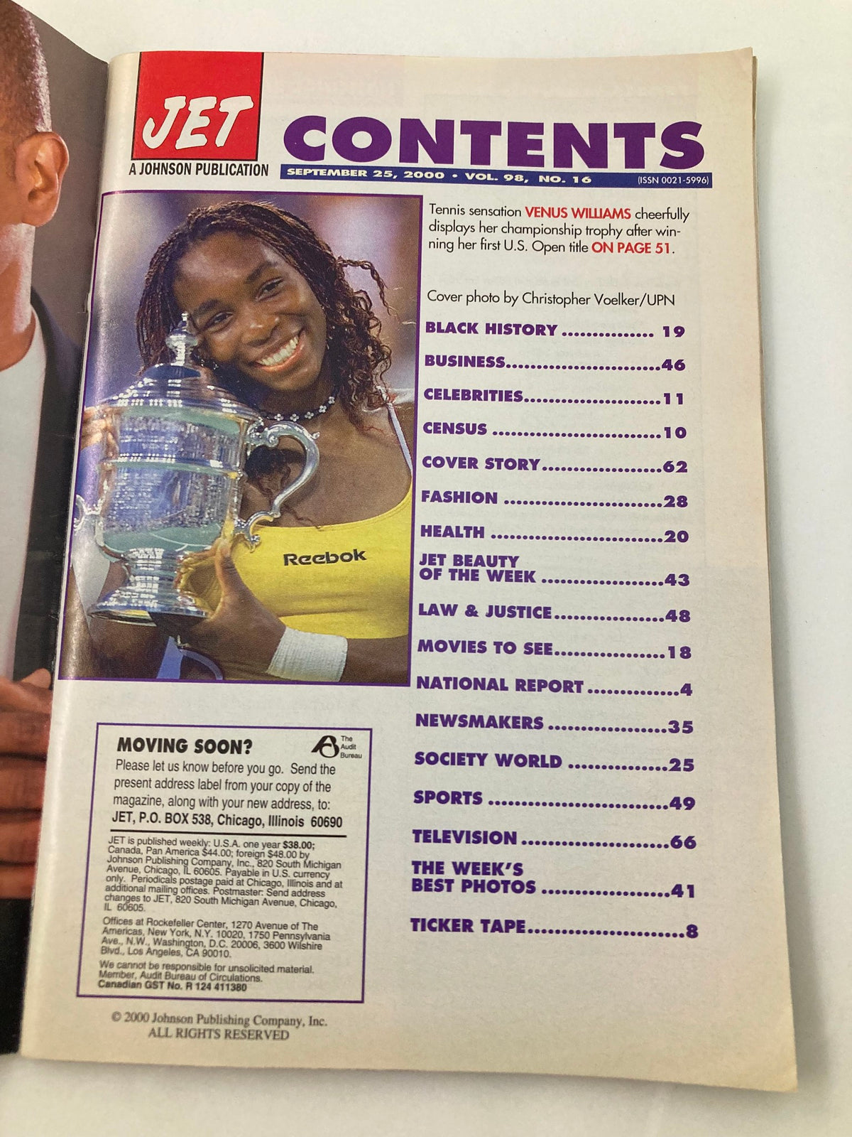 Jet Magazine September 25 2000 Vol 98 #16 Contents page featuring a cover photo by Christopher Voelker/UPN highlighting articles on Black History, business, celebrity news, and more.