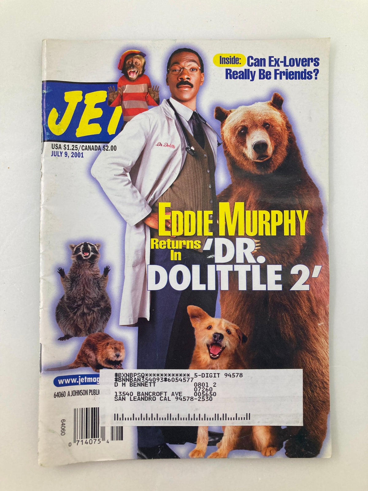 Cover of Jet Magazine July 9, 2001, Vol 100 #4 featuring Eddie Murphy as the Black veterinarian in 'Dr. Dolittle 2' with images of animals including a bear and a raccoon.