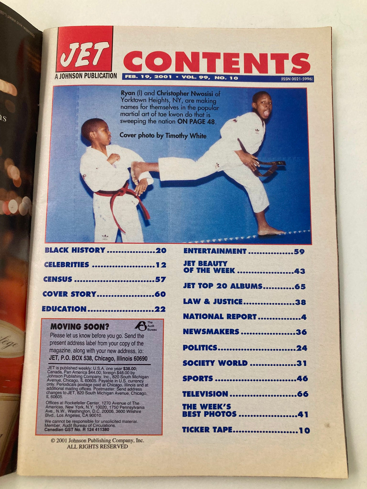 Contents page of Jet Magazine February 19, 2001, Vol 99 #10, featuring a karate-themed photo, listing various sections including Black History, Celebrities, Education, and Entertainment.