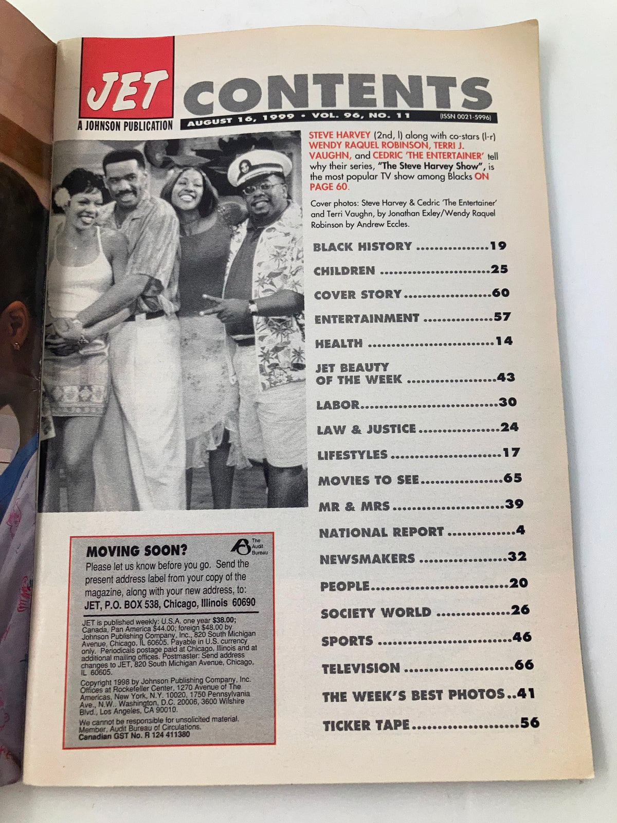 Contents page of Jet Magazine August 16 1999, Vol 96 #11, listing features like Black History, Cover Story, and Entertainment.