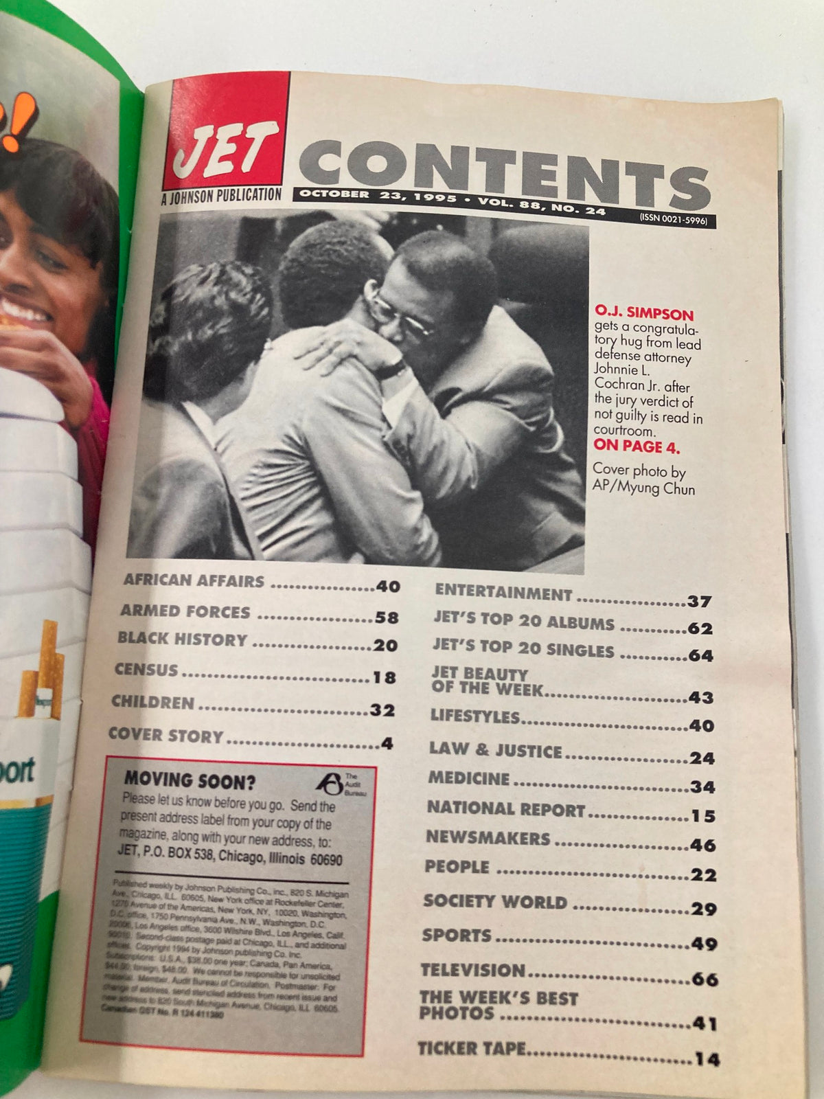 Contents page of Jet Magazine from October 23, 1995, featuring the title 'Why O.J. Simpson Was Found Not Guilty'. The page includes various sections like African Affairs, Black History, and Society World, along with a congratulatory hug between O.J. Simpson and lead defense attorney Johnnie L. Cochran Jr.