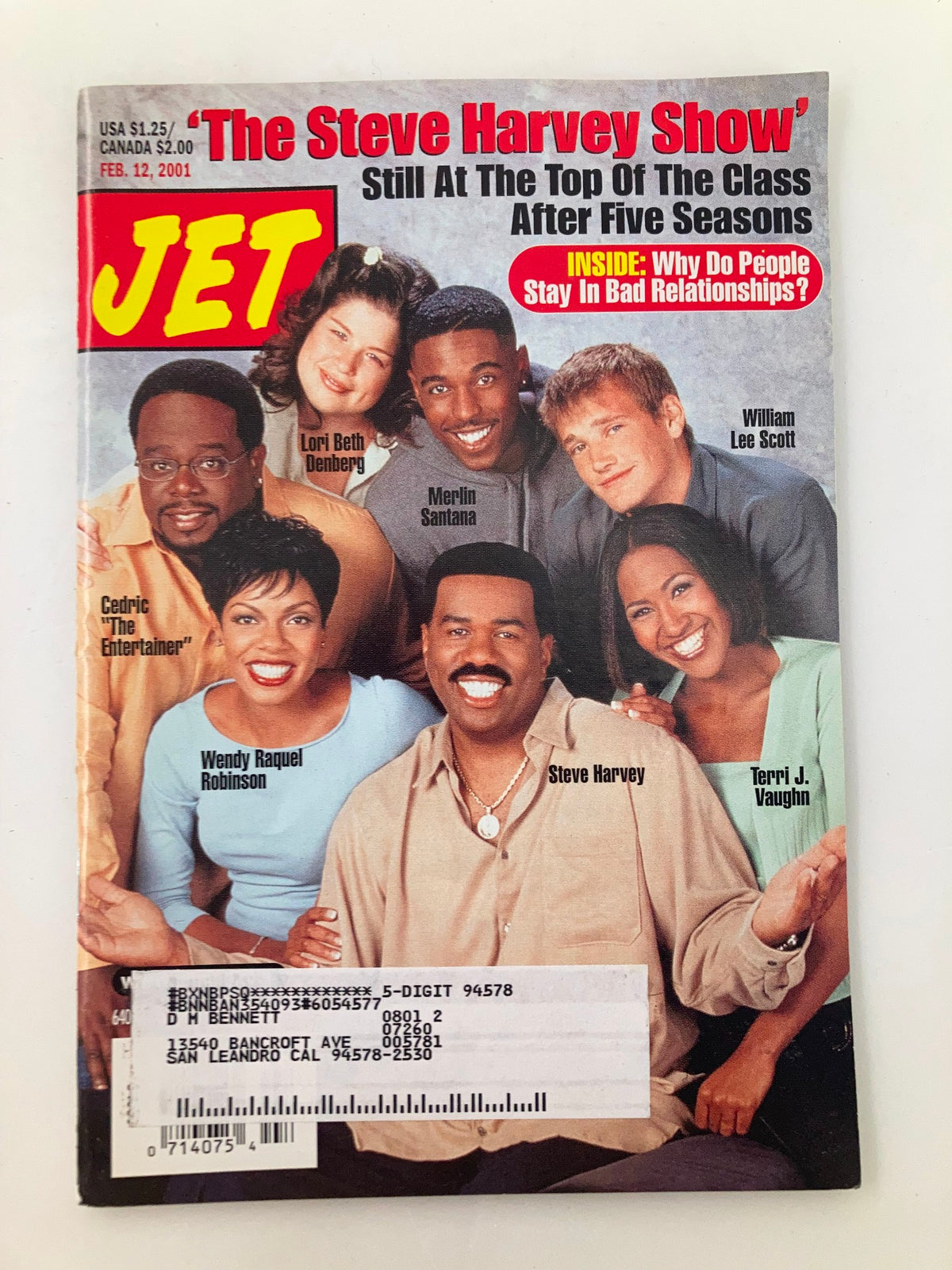 Cover of Jet Magazine February 12, 2001, Vol 99 #9 featuring 'The Steve Harvey Show' Still At The Top, with cast members including Steve Harvey, Terri J. Vaughn, and Cedric The Entertainer.