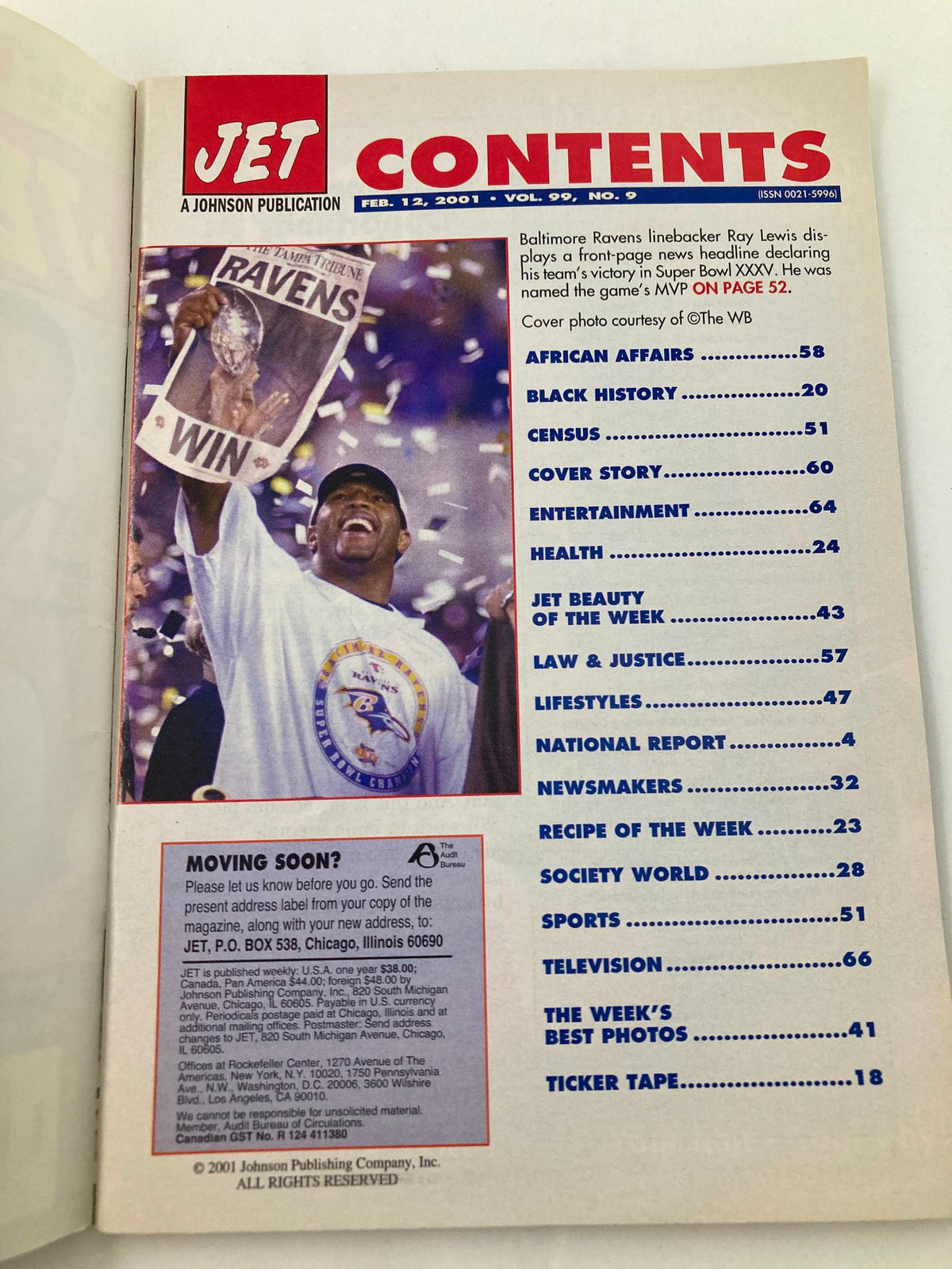 Contents page of Jet Magazine February 12, 2001, Vol 99 #9 showcasing articles and features including entertainment, health, and society.