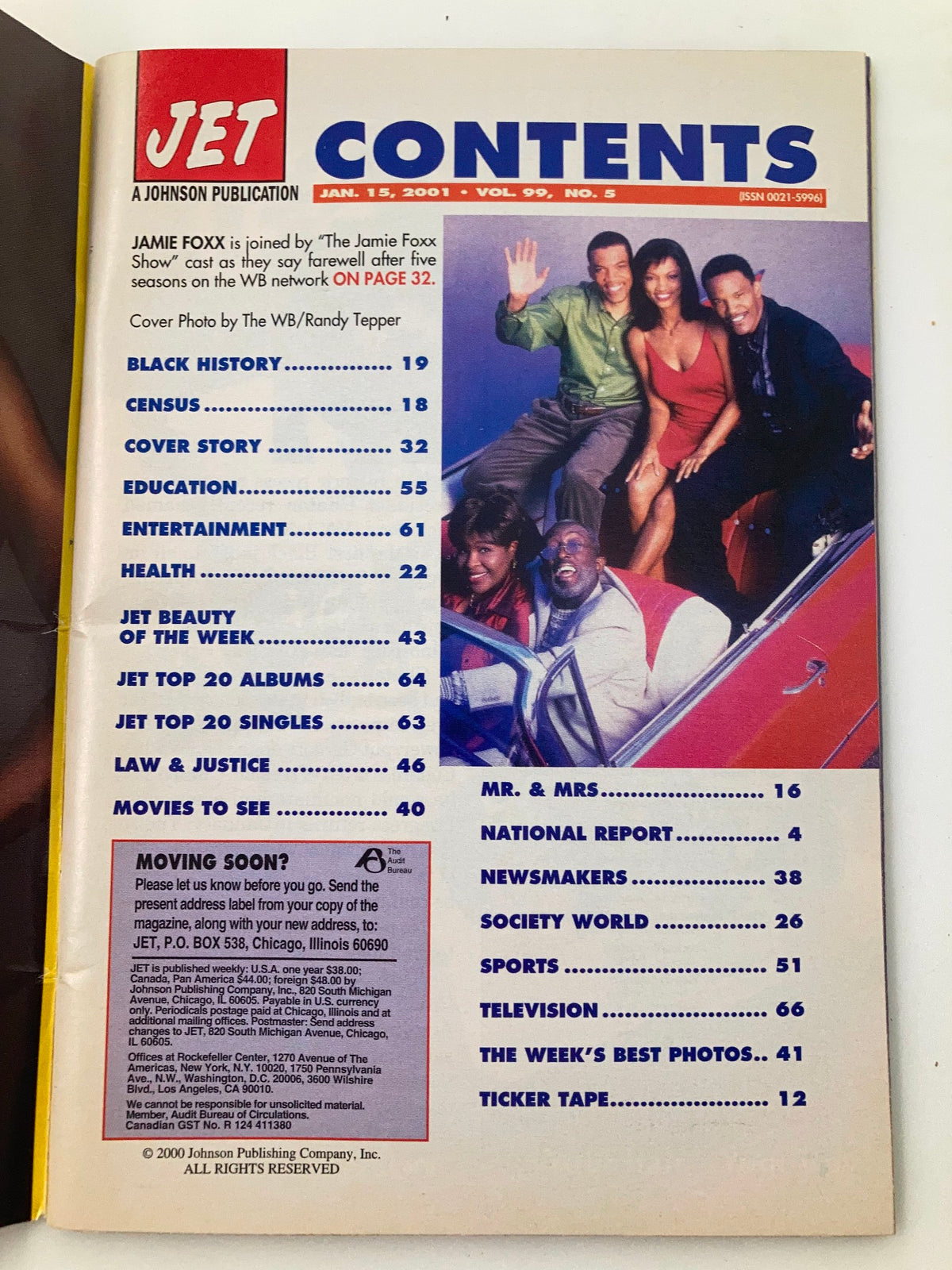 Jet Magazine January 15, 2001, Vol 99 #5 featuring contents page with sections on celebrities, music charts, and entertainment news.