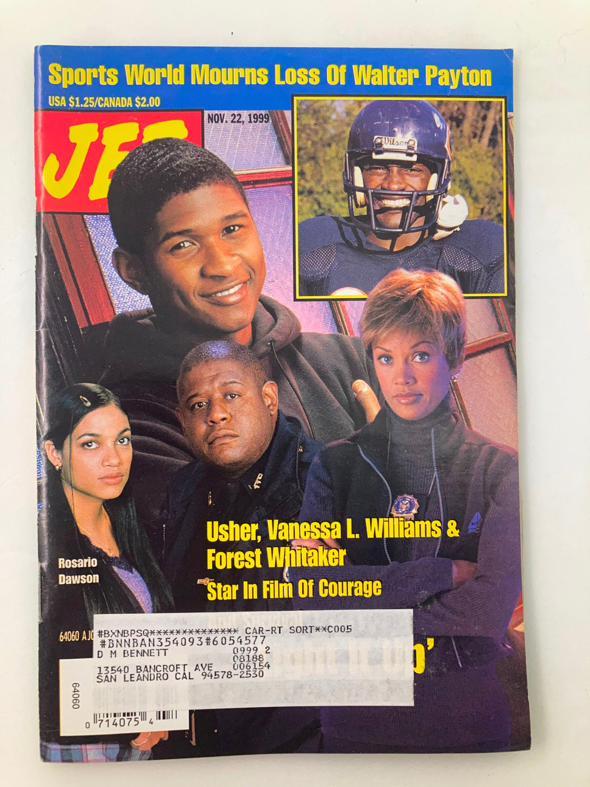 Cover of Jet Magazine dated November 22, 1999, Volume 96, Issue 25 featuring Usher, Vanessa Williams, and Forest Whitaker with a headline about Walter Payton's passing.