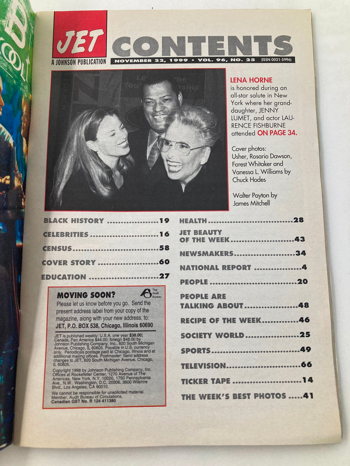 Contents page of Jet Magazine, November 22, 1999, Volume 96, Issue 25, highlighting features on Usher, Vanessa Williams, and Forest Whitaker.