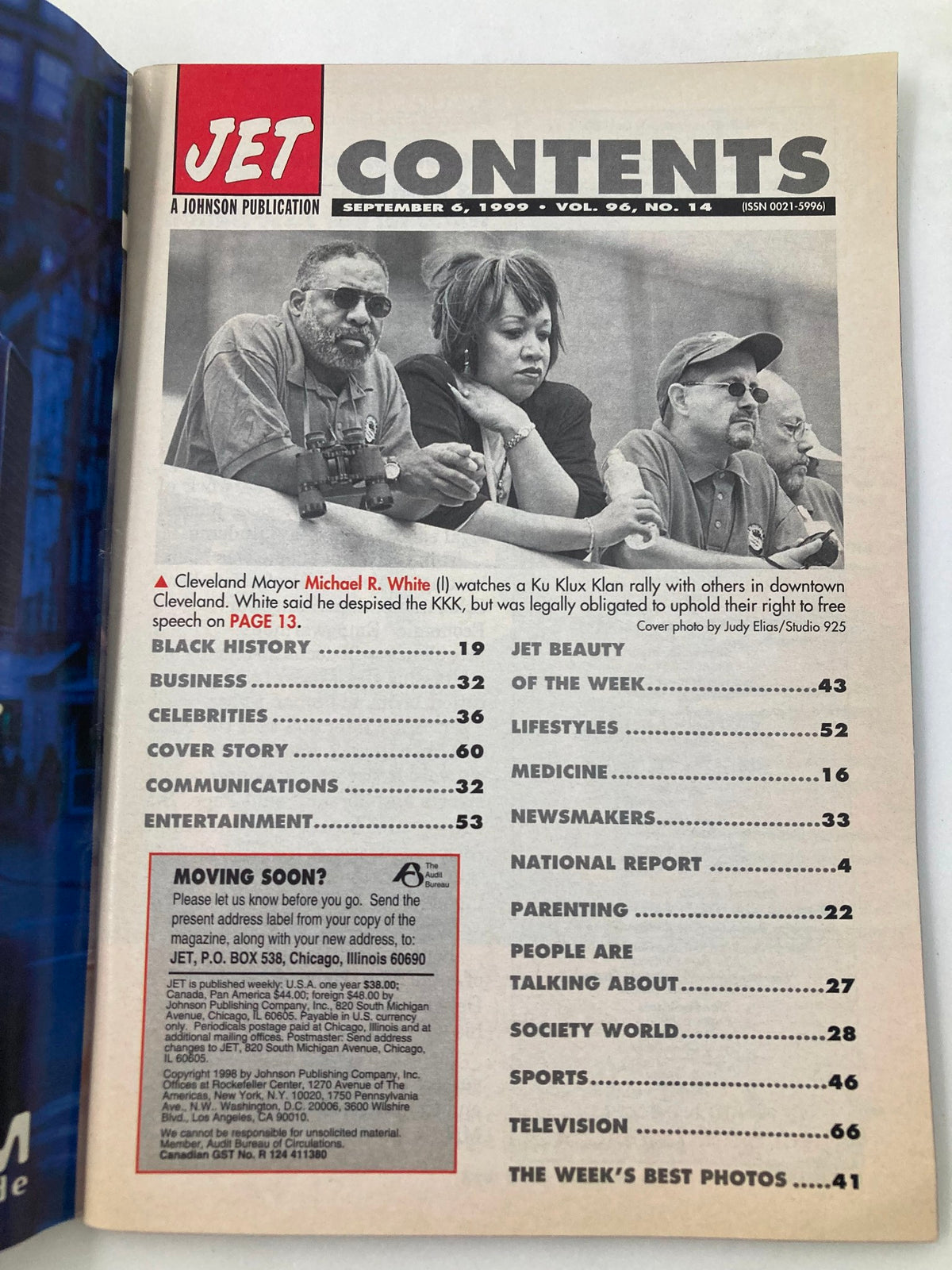 Contents page of Jet Magazine September 6, 1999, Vol 96 #14 highlighting featured articles and topics of the week.
