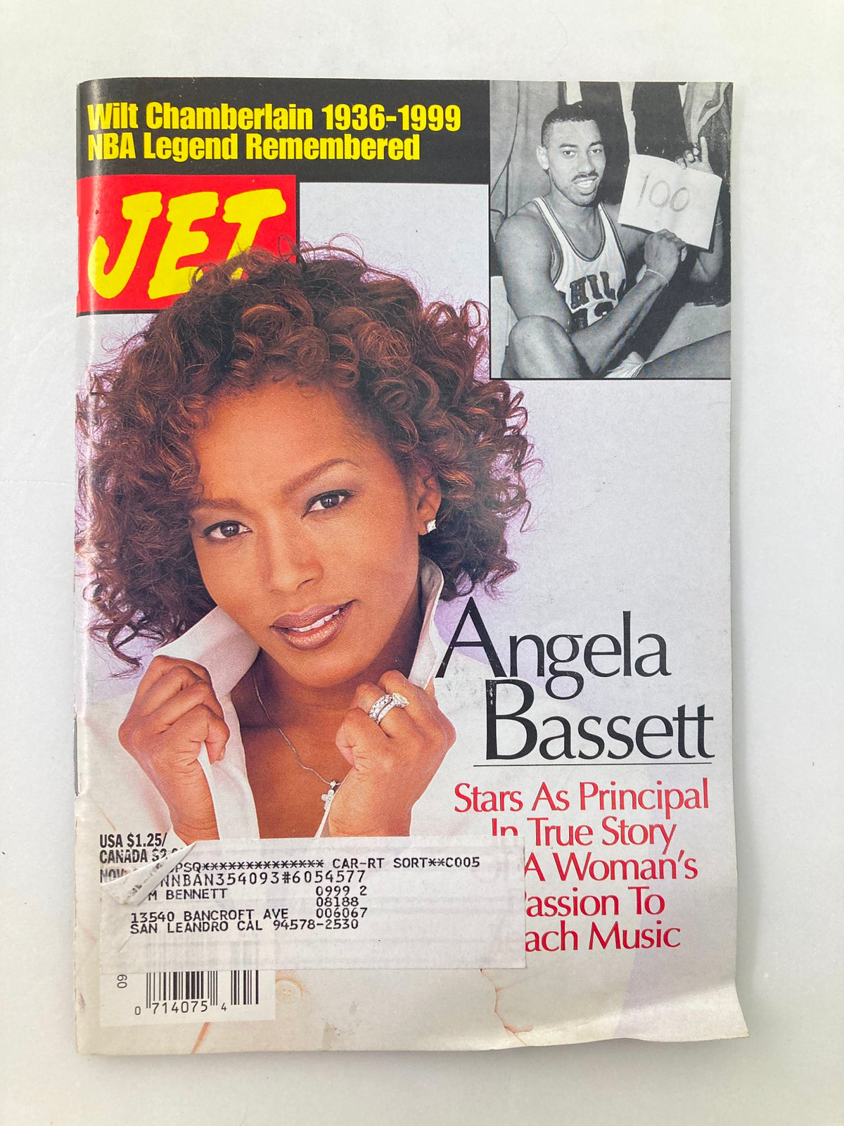 Cover of Jet Magazine November 1, 1999, Vol 97 #22 featuring Angela Bassett and Wilt Chamberlain, highlighting the late NBA legend and the actress.