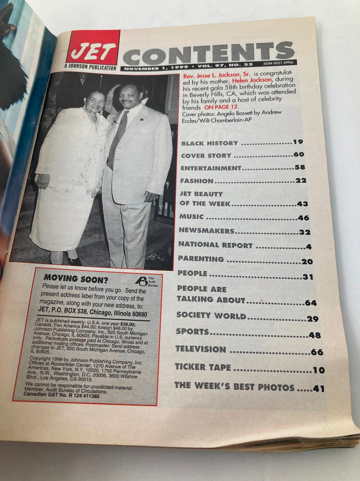 Contents page of Jet Magazine November 1, 1999, Vol 97 #22, listing featured articles including tributes to Wilt Chamberlain and various cultural topics.