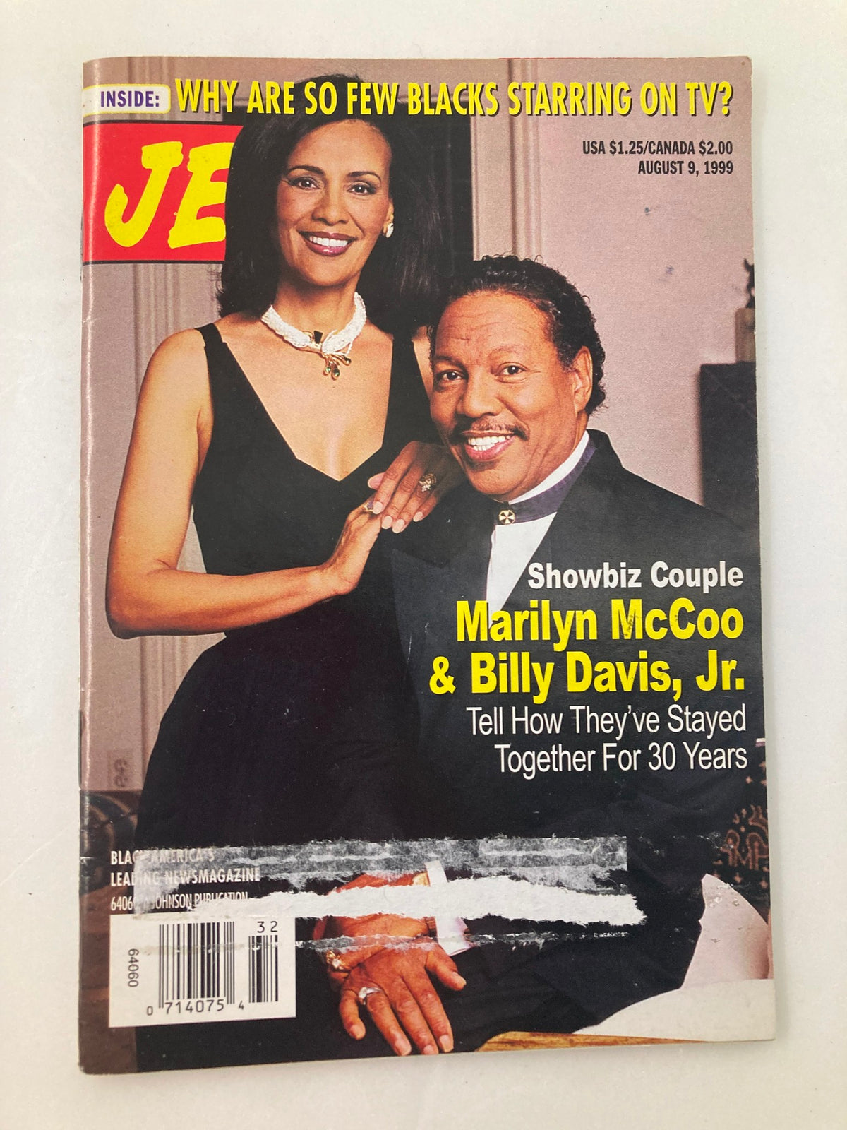 Cover of Jet Magazine dated August 9, 1999, featuring showbiz couple Marilyn McCoo and Billy Davis Jr., highlighting their 30 years together.