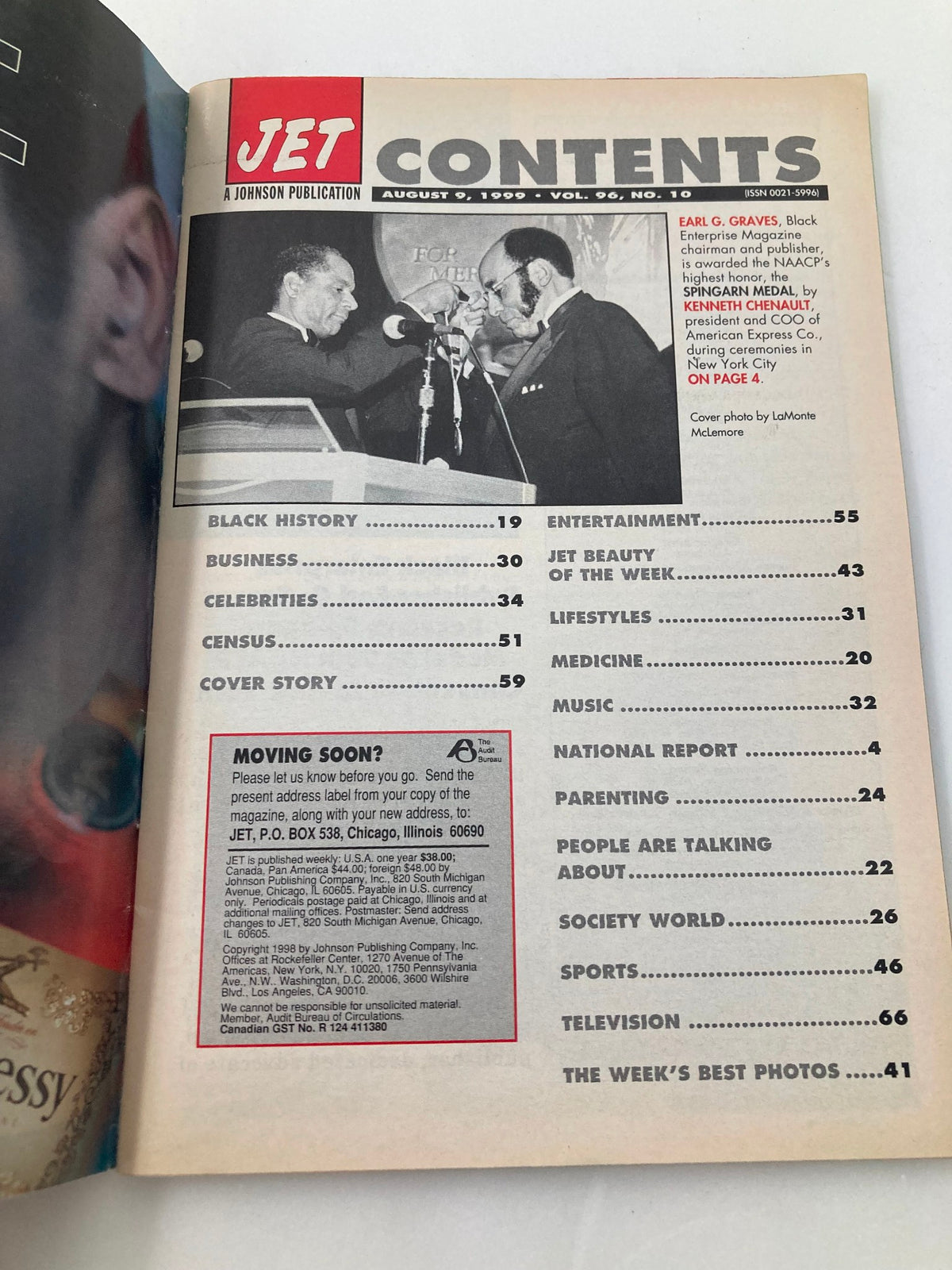 Contents page of Jet Magazine, August 9, 1999, Volume 96, Number 10, detailing articles on black history, entertainment, and society.