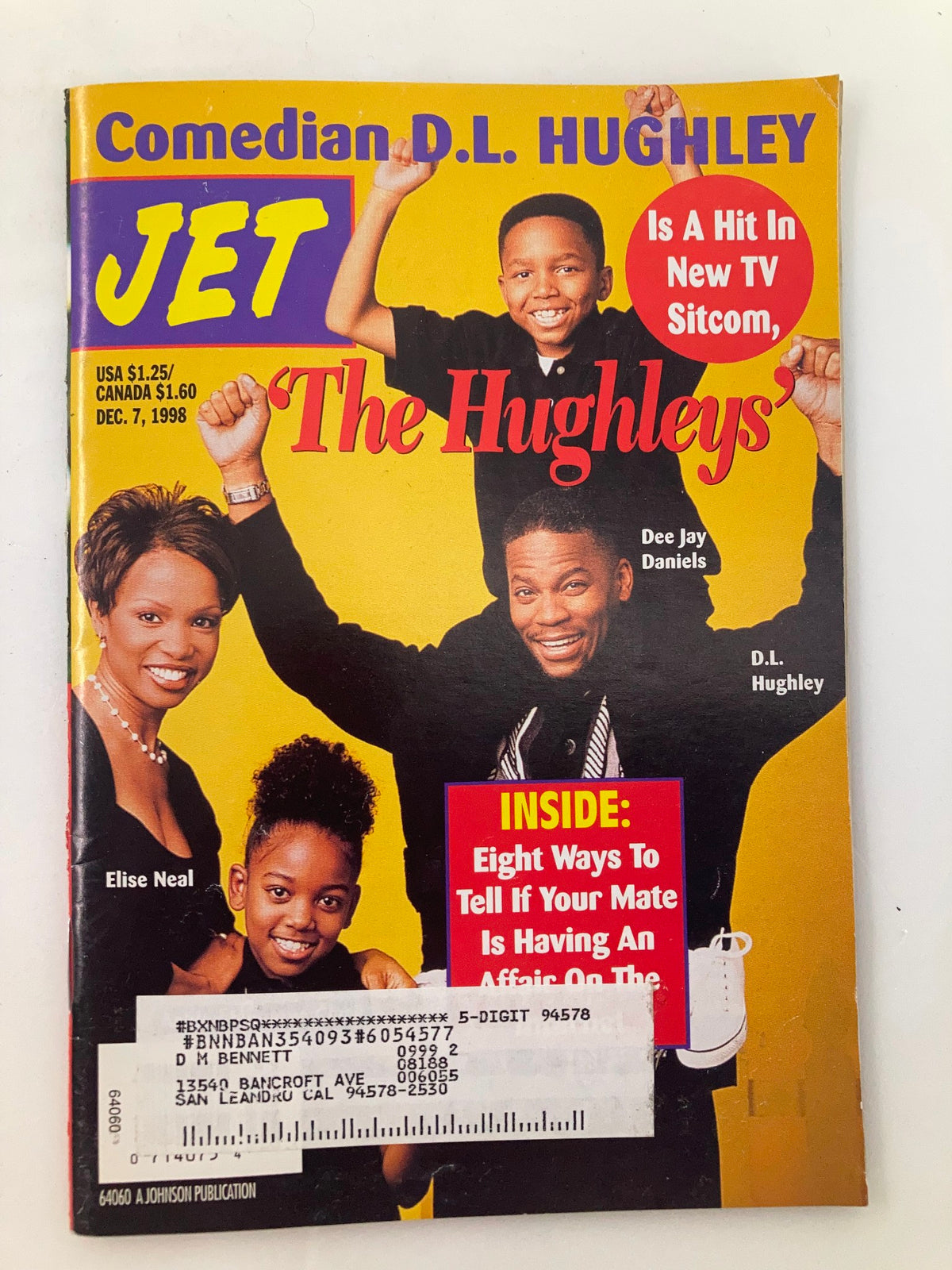 Cover of Jet Magazine December 7 1998 Vol 95 #2 featuring comedian D.L. Hughley, DeeJay Daniels, and Elise Neal, highlighting the sitcom 'The Hughleys'.