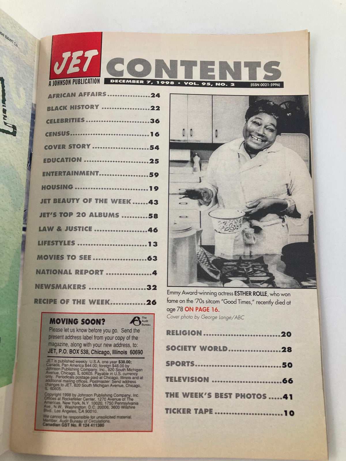 Contents page of Jet Magazine December 7 1998 Vol 95 #2, featuring various topics such as African Affairs, Celebrities, and Television.