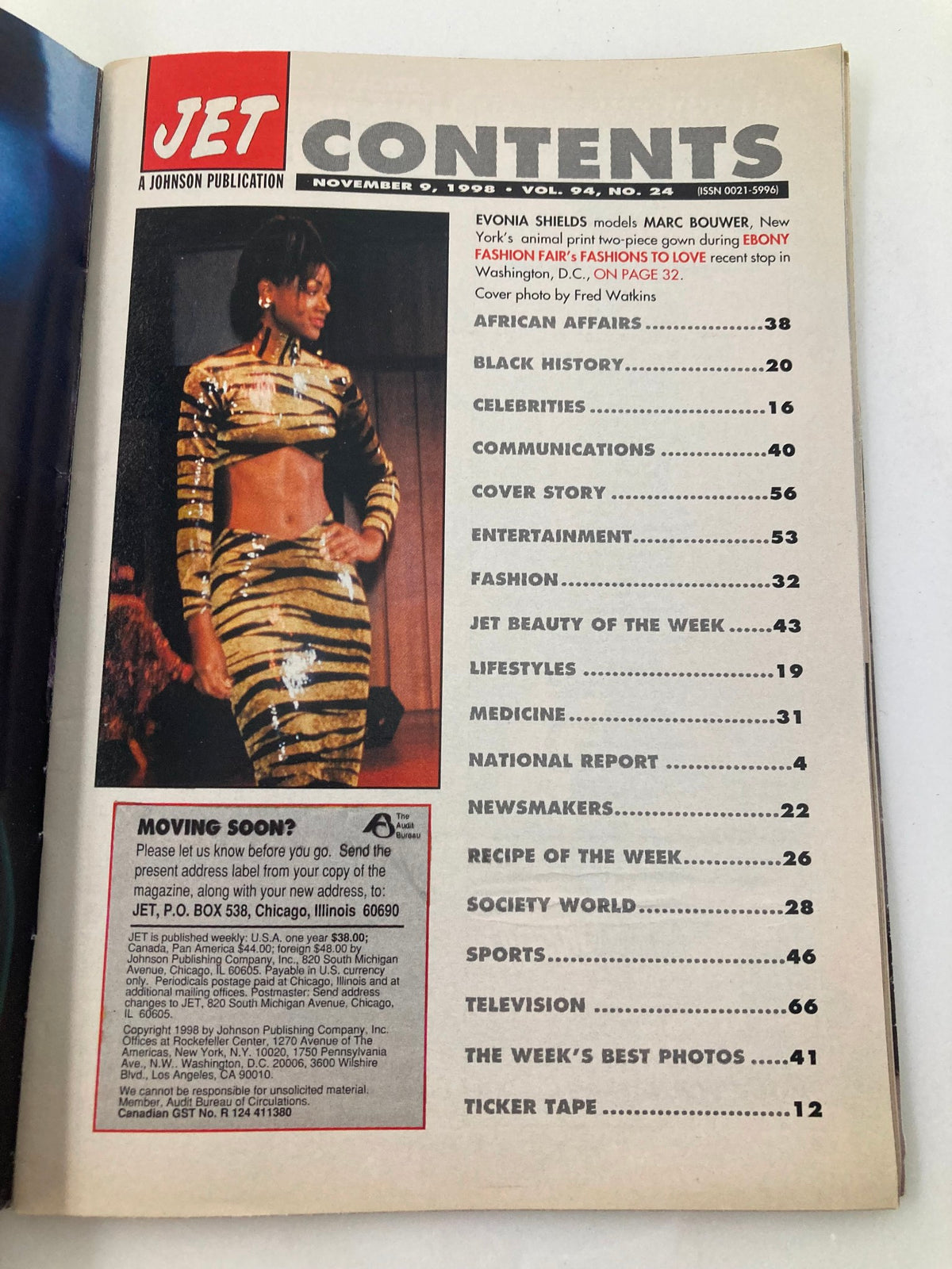 Contents page of Jet Magazine, November 9, 1998, Volume 94, Number 24. The page highlights Evonia Shields modeling a stunning outfit and outlines articles on various topics including African affairs and lifestyles.