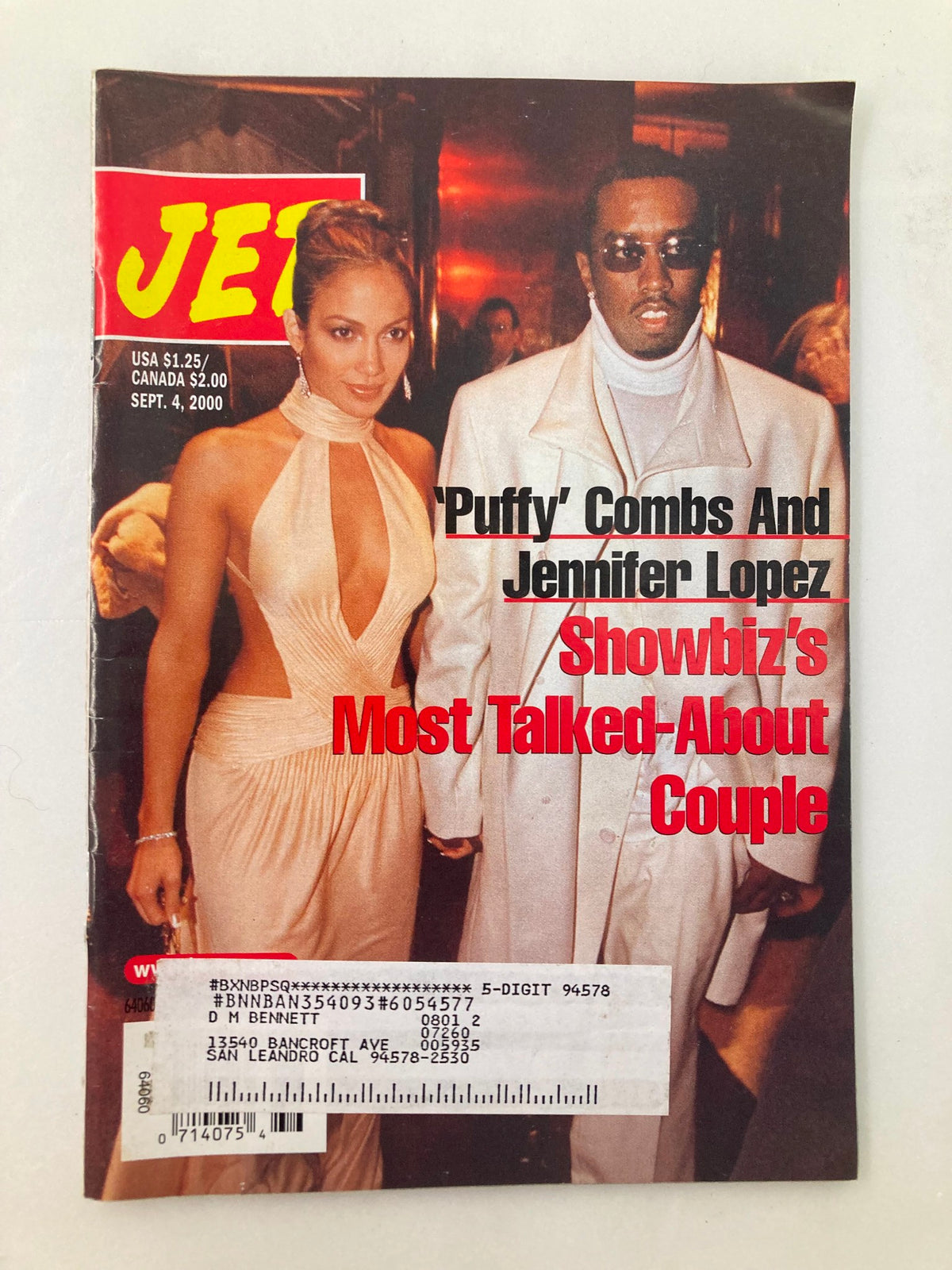 Jet Magazine cover from September 4, 2000, featuring 'Puffy' Combs and Jennifer Lopez, highlighting them as showbiz's most talked-about couple.