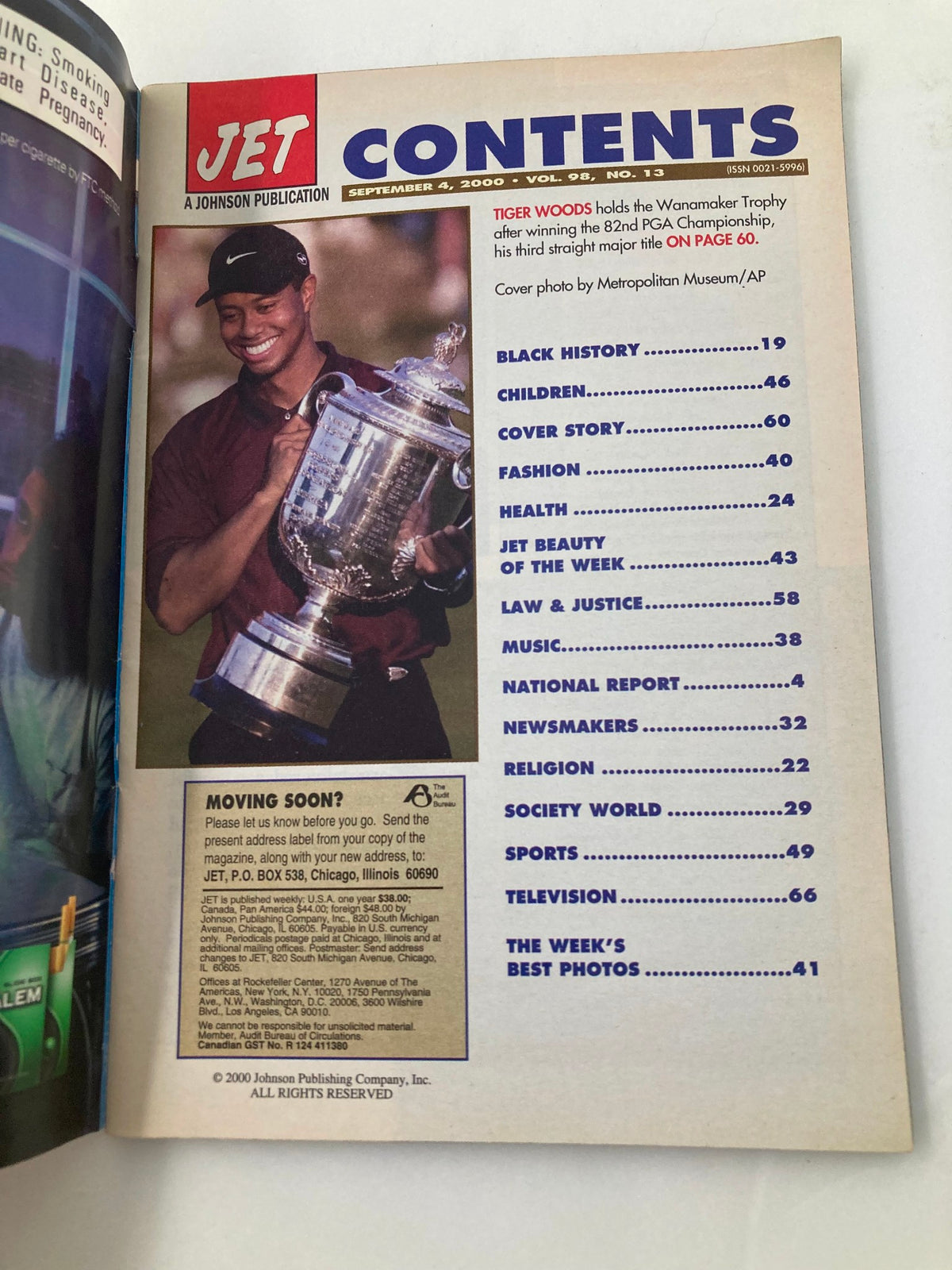 Contents page of Jet Magazine dated September 4, 2000, including features on various topics such as black history and lifestyle.