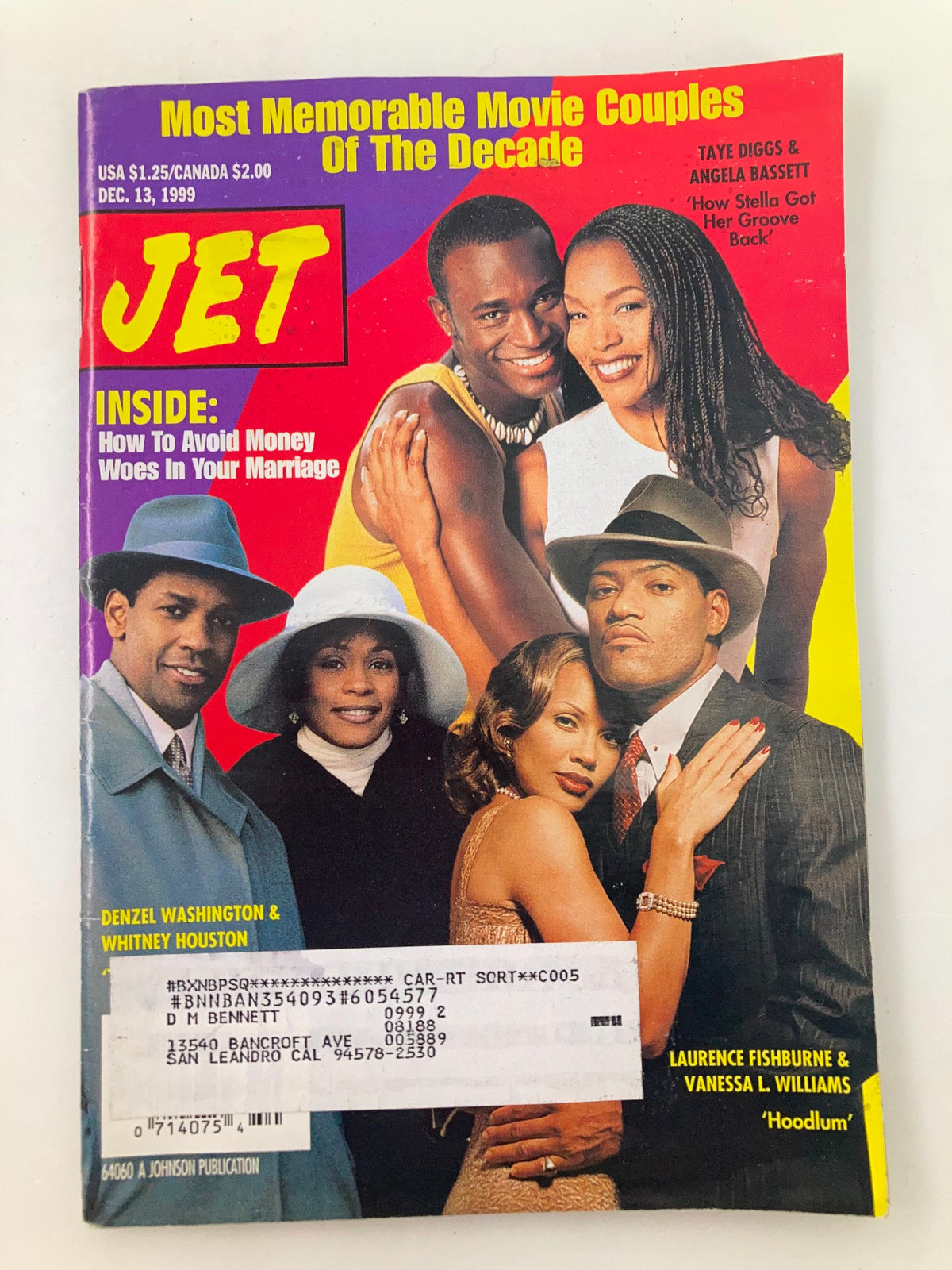 Jet Magazine December 13 1999 Vol 97 #2 cover featuring Denzel Washington and Whitney Houston, highlighting memorable movie couples of the decade.