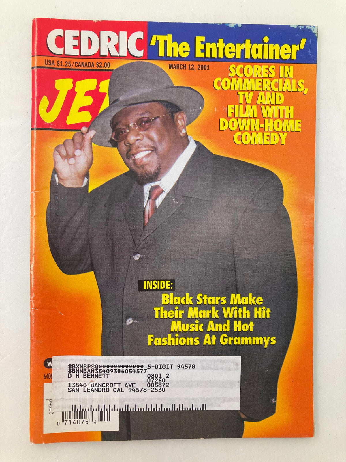 Cover of Jet Magazine March 12 2001 Vol 99 #13 featuring Cedric 'The Entertainer'. The magazine highlights his career in commercials, television, and film, showcasing down-home comedy.