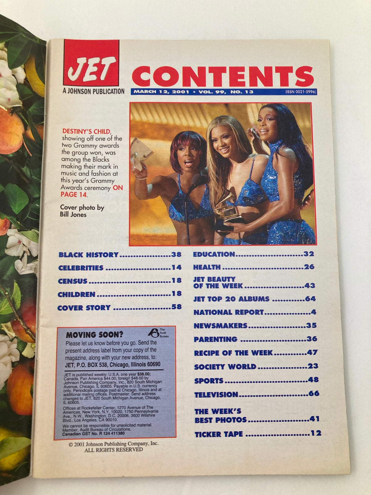 Contents page of Jet Magazine March 12 2001 Vol 99 #13, featuring a section on Destiny's Child and various topics such as education, music, and entertainment.