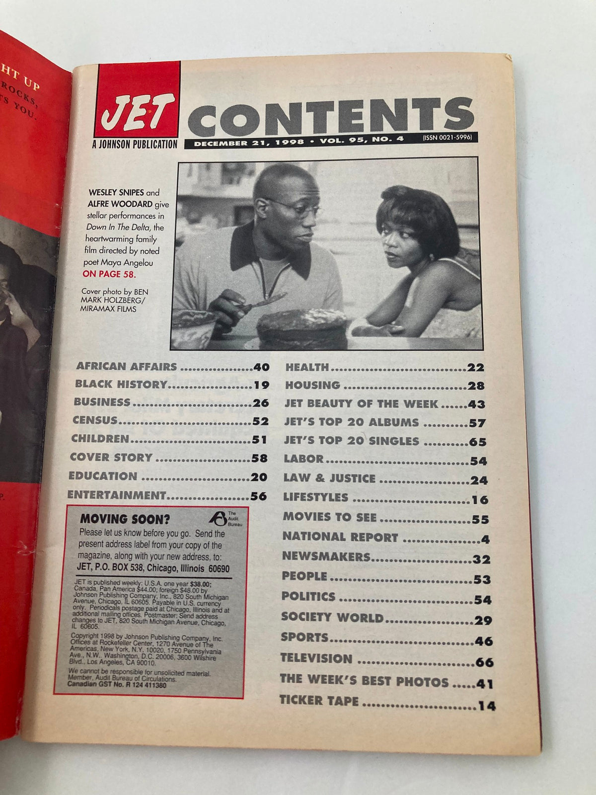 Jet Magazine December 21 1998 Vol 95 #4 features contents page including Wesley Snipes and Alfre Woodard, highlighting articles on various topics such as African Affairs, Health, Politics, and Society World.