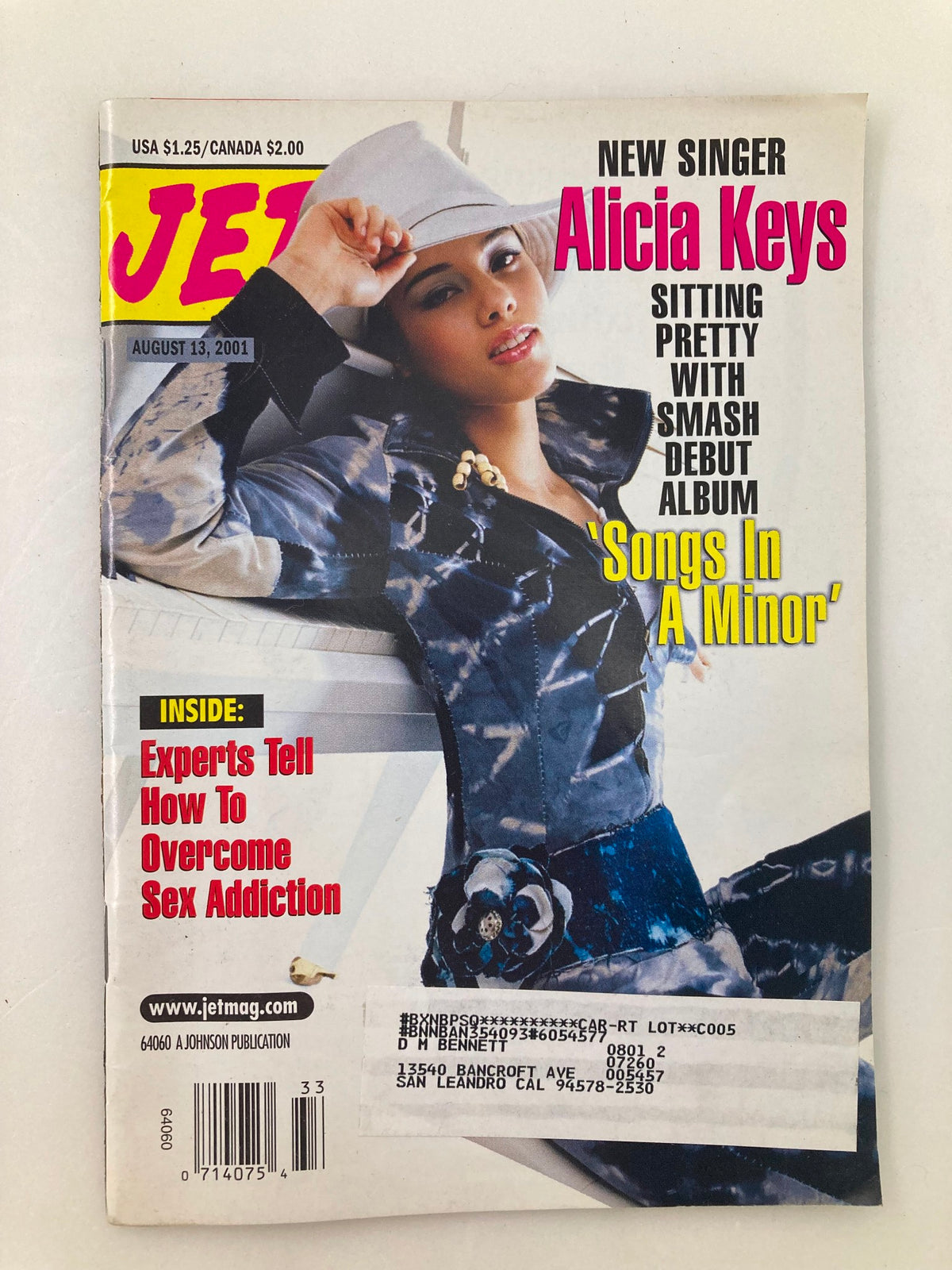 Jet Magazine cover from August 13, 2001 featuring new singer Alicia Keys promoting her debut album, 'Songs in A Minor.' The cover showcases Alicia in a stylish outfit, highlighting her breakthrough in the music industry.