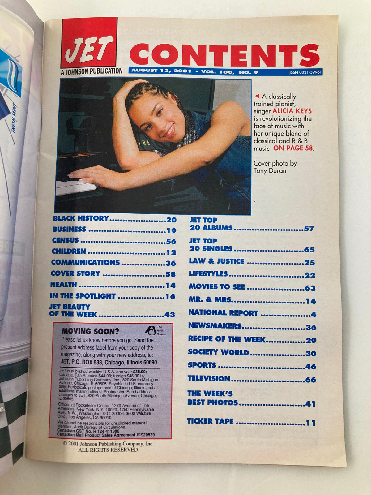 Inside contents page of Jet Magazine, August 13, 2001, Vol 100 #9, featuring Alicia Keys. The page lists articles and features of the edition, including the music section and highlights on the artist.