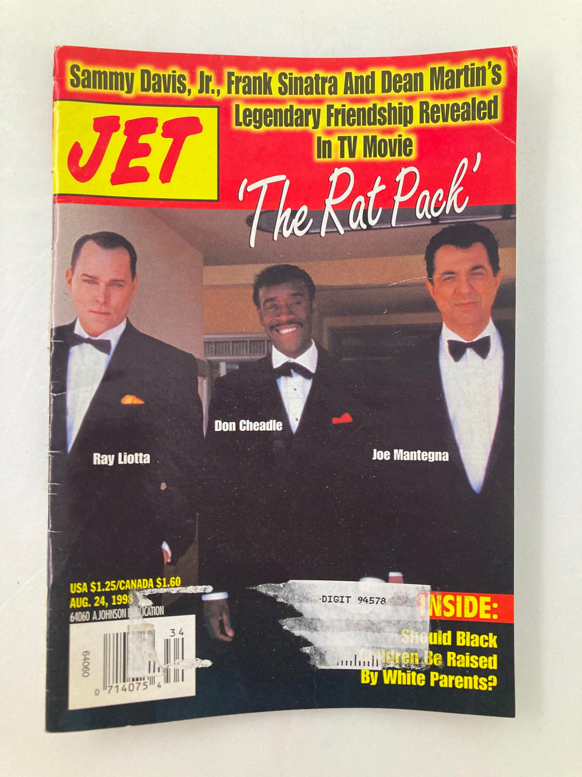 Cover of Jet Magazine dated August 24, 1998, Volume 94, Number 13 featuring actors Ray Liotta, Don Cheadle, and Joe Mantegna, along with a headline about the Rat Pack.