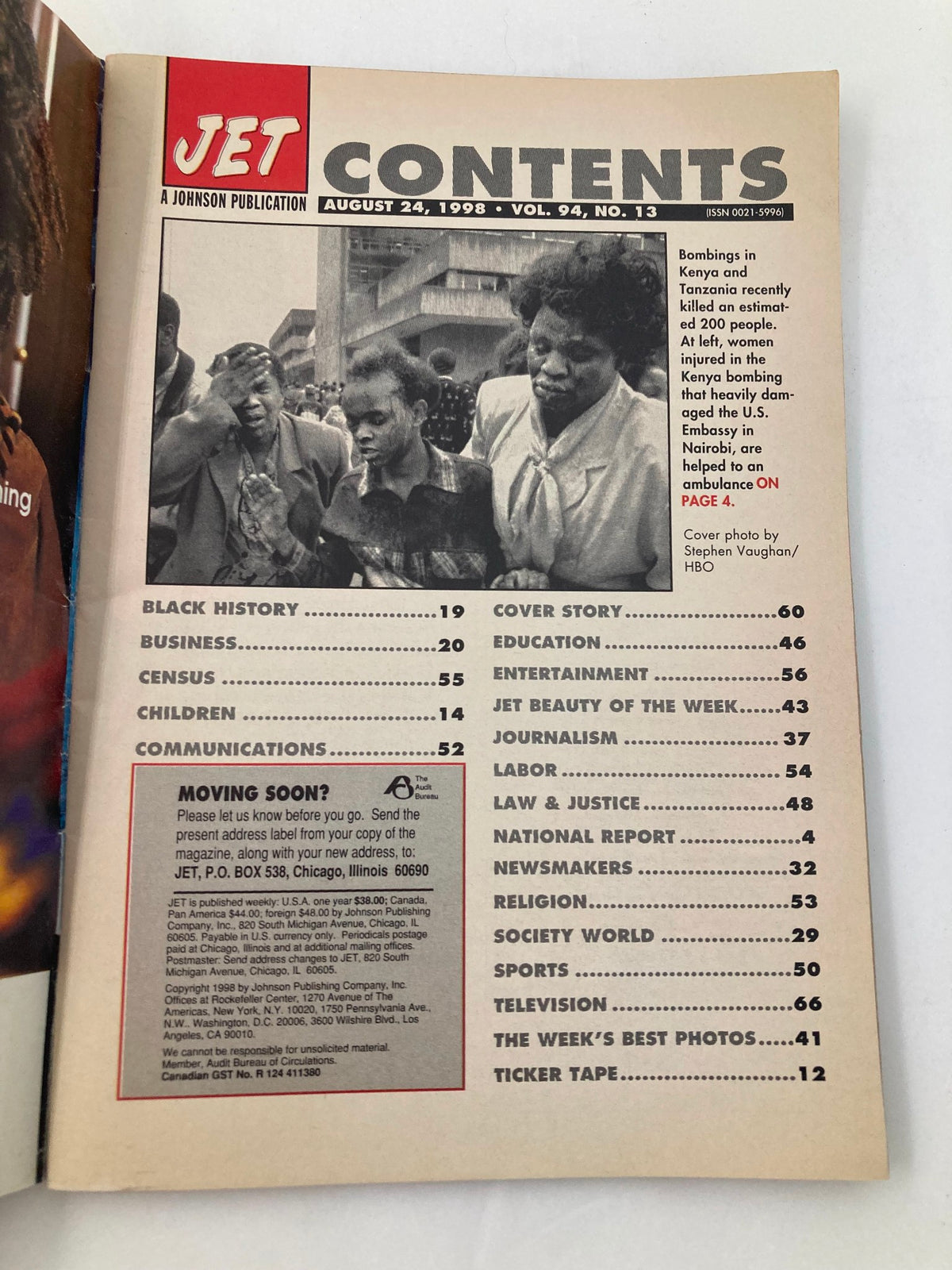 Contents page of Jet Magazine August 24, 1998, Vol 94, No 13, highlighting stories including the Kenya-Tanzania bombings and featuring a photo of individuals at the scene.