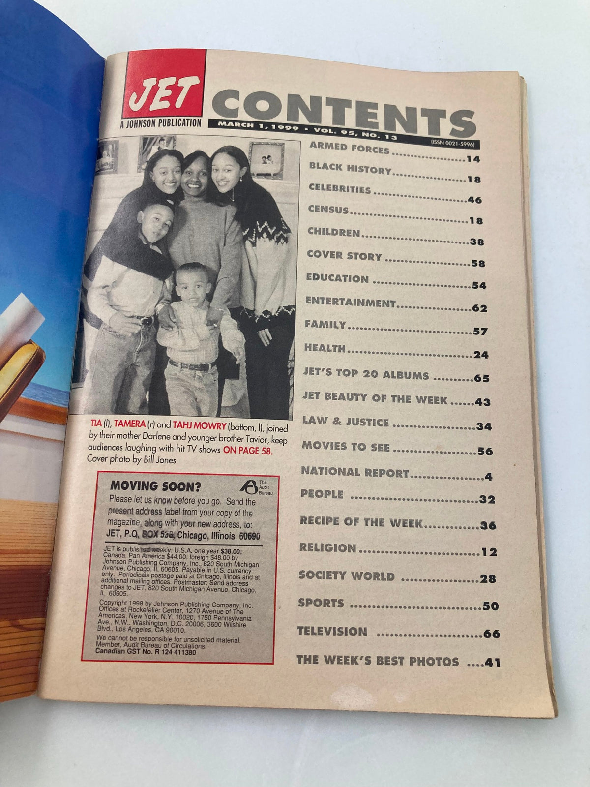 Contents page of Jet Magazine March 1, 1999, Vol 95 #13, featuring Tia, Tamera, and Tahj Mowry, and listing articles about black history, celebrities, and family.