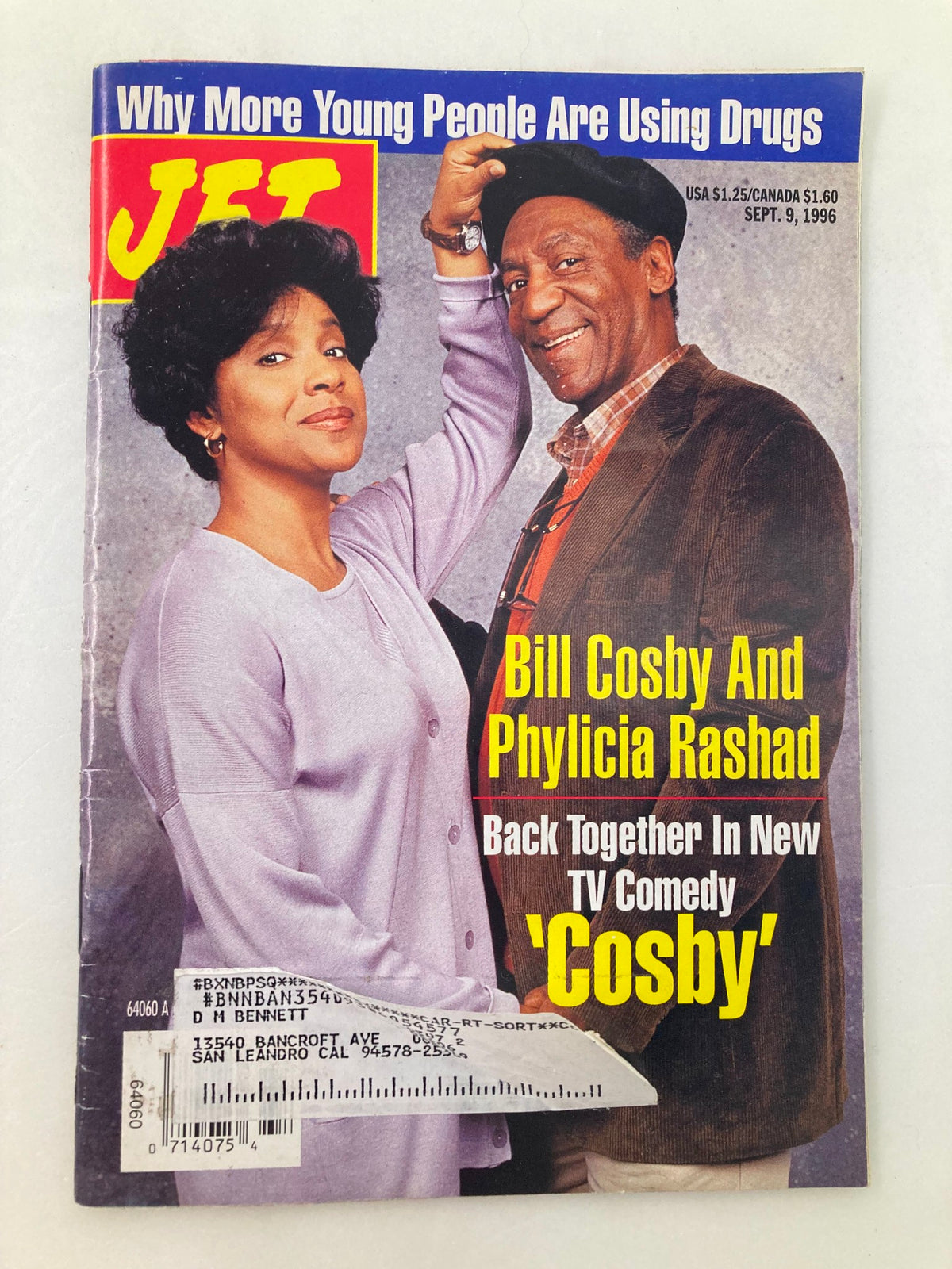 Jet Magazine cover from September 9, 1996, Volume 90 #17 featuring Bill Cosby and Phylicia Rashad, promoting their appearance in the new TV comedy 'Cosby'. The cover also includes a tagline about youth and drug use.