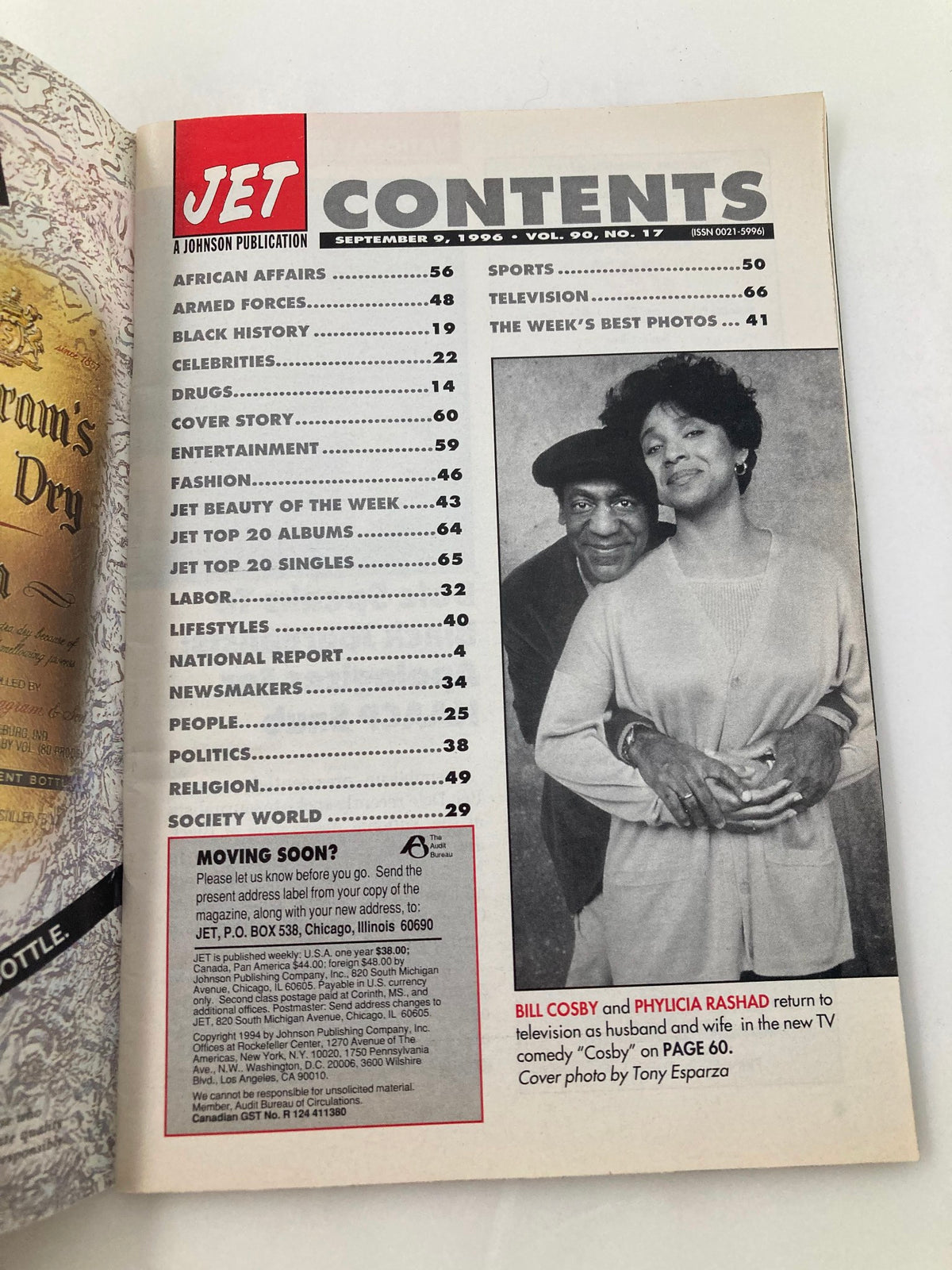 Inside contents page of Jet Magazine, September 9, 1996, Volume 90 #17, showcasing the lineup of articles, with a highlighted section on Bill Cosby and Phylicia Rashad's return to television.
