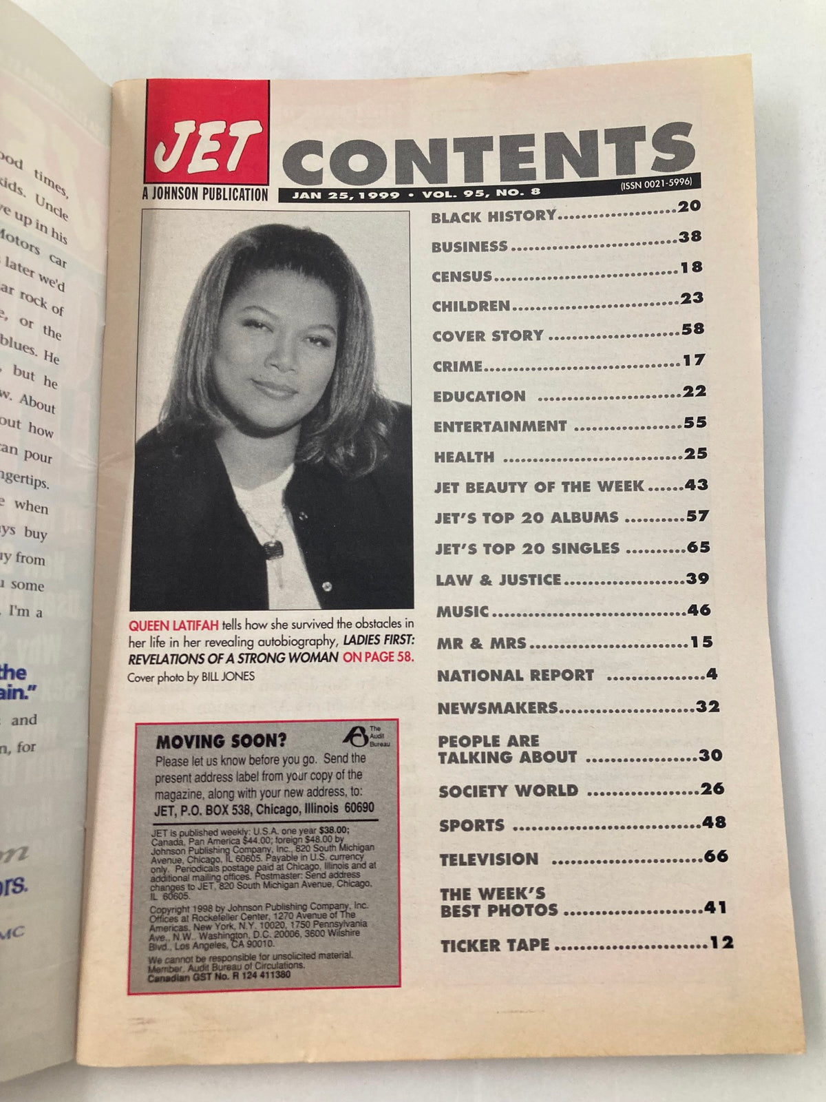 Contents page of Jet Magazine January 25, 1999, Volume 95 Issue 8, highlighting Queen Latifah's feature on coping with depression.