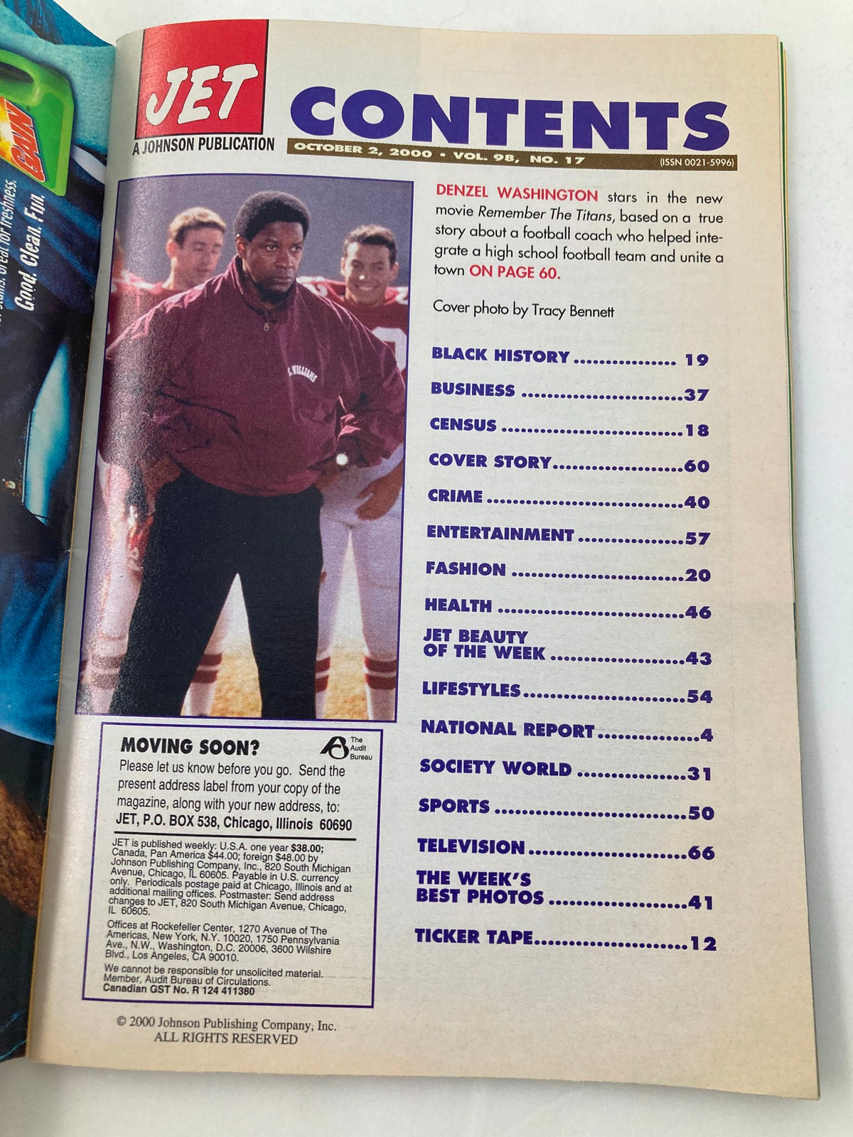 Contents page of Jet Magazine October 2 2000 Vol 98 #17, featuring Denzel Washington, showcasing the various articles including a highlight on the film 'Remember The Titans' and other topics such as health and entertainment.