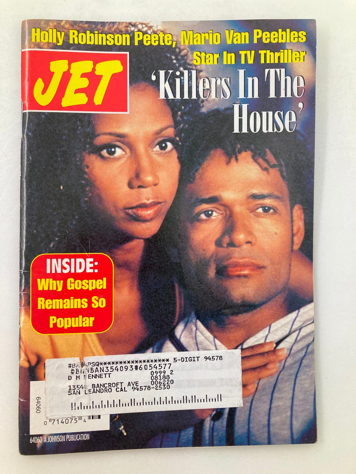 Cover of Jet Magazine, November 16, 1998, Vol 94 #25, featuring Holly Robinson Peete and Mario Van Peebles, promoting their appearance in the TV thriller 'Killers In The House'. The magazine includes a section titled 'Inside: Why Gospel Remains So Popular' and is in good condition with a visible address label.