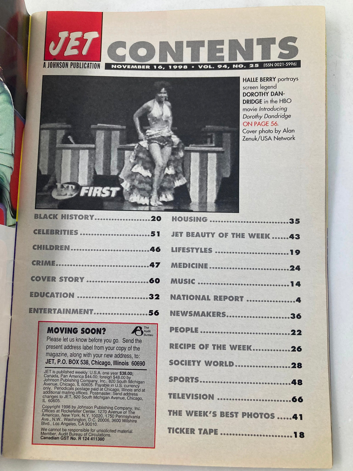 Contents page of Jet Magazine, November 16, 1998, Vol 94 #25 featuring segments on Black History, Celebrities, Entertainment, and more, highlighting Hallie Berry's portrayal of Dorothy Dandridge.