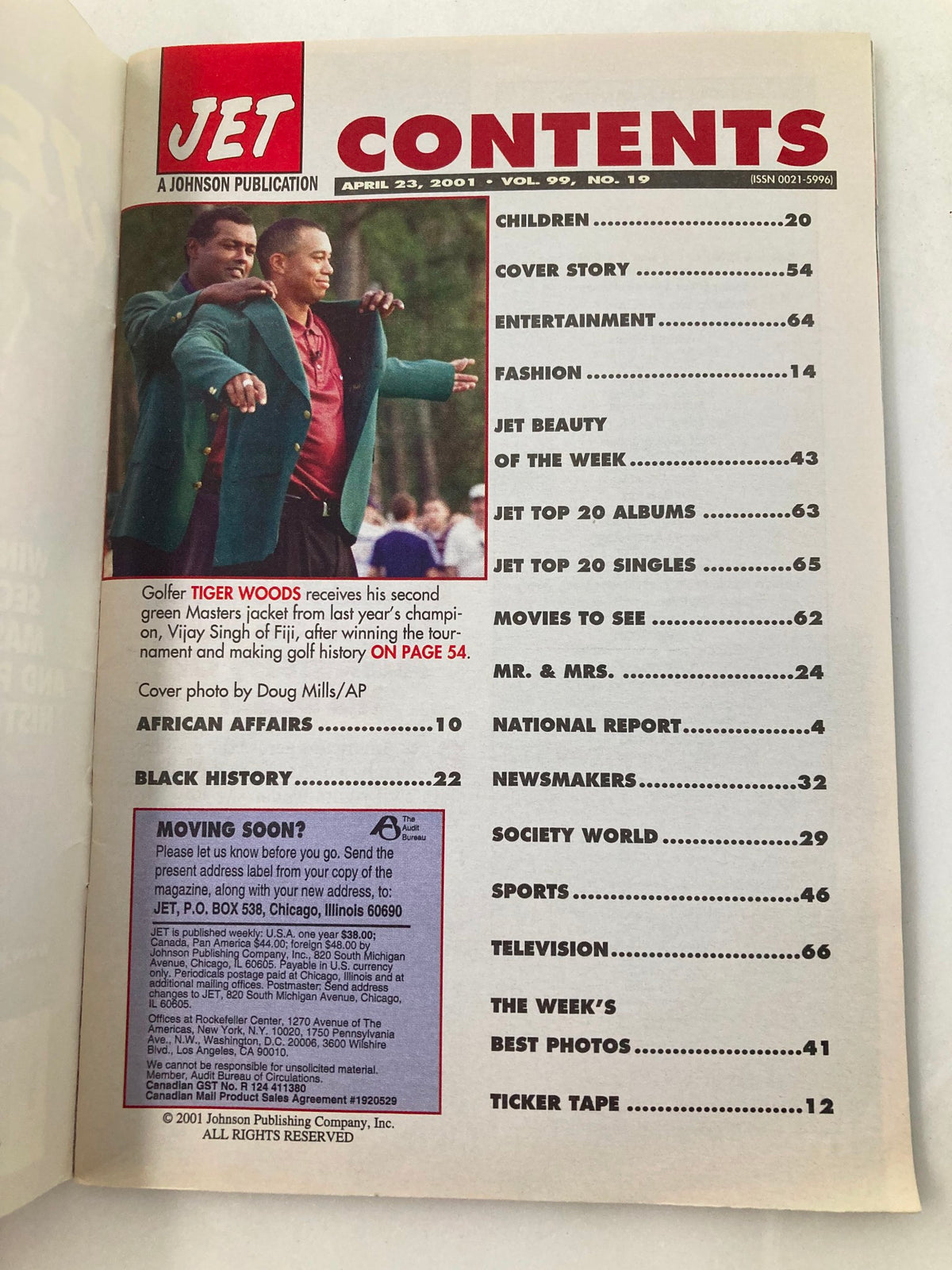 Jet Magazine April 23 2001 Vol 99 #19 contents page listing articles including Tiger Woods' second Masters win.