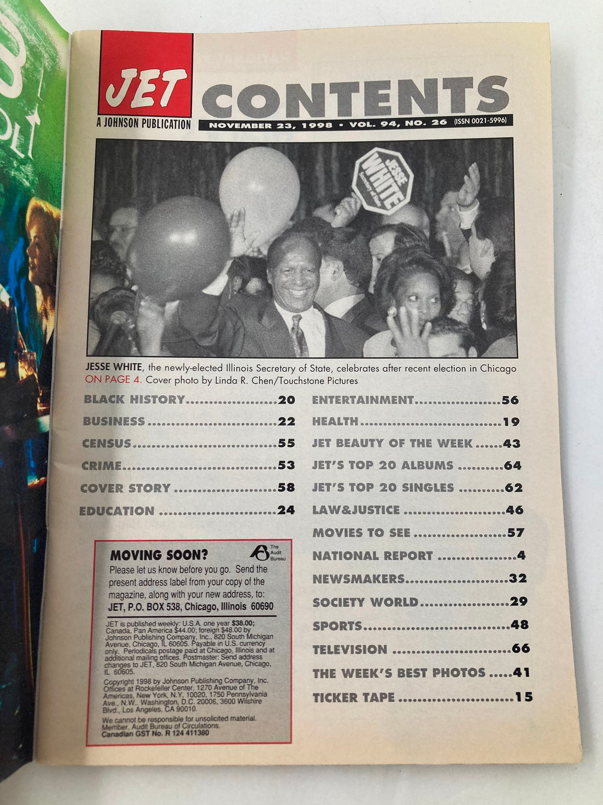 Contents page of Jet Magazine dated November 23, 1998, Vol 94 #26, featuring election news with Jesse White celebrating after being elected Illinois Secretary of State.