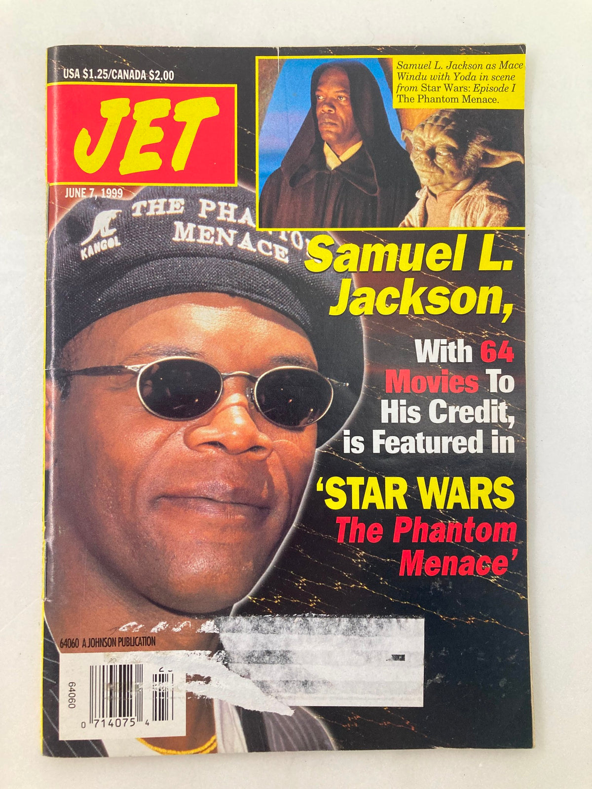 Cover of Jet Magazine dated June 7, 1999, featuring Samuel L. Jackson. The magazine highlights his role in Star Wars: The Phantom Menace and includes images of other characters.