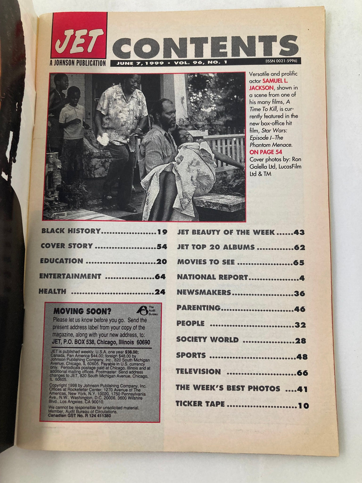 Contents page of Jet Magazine from June 7, 1999, Vol 96 #1, mentioning Samuel L. Jackson and his featured role in Star Wars: The Phantom Menace. The page includes various article titles and sections.