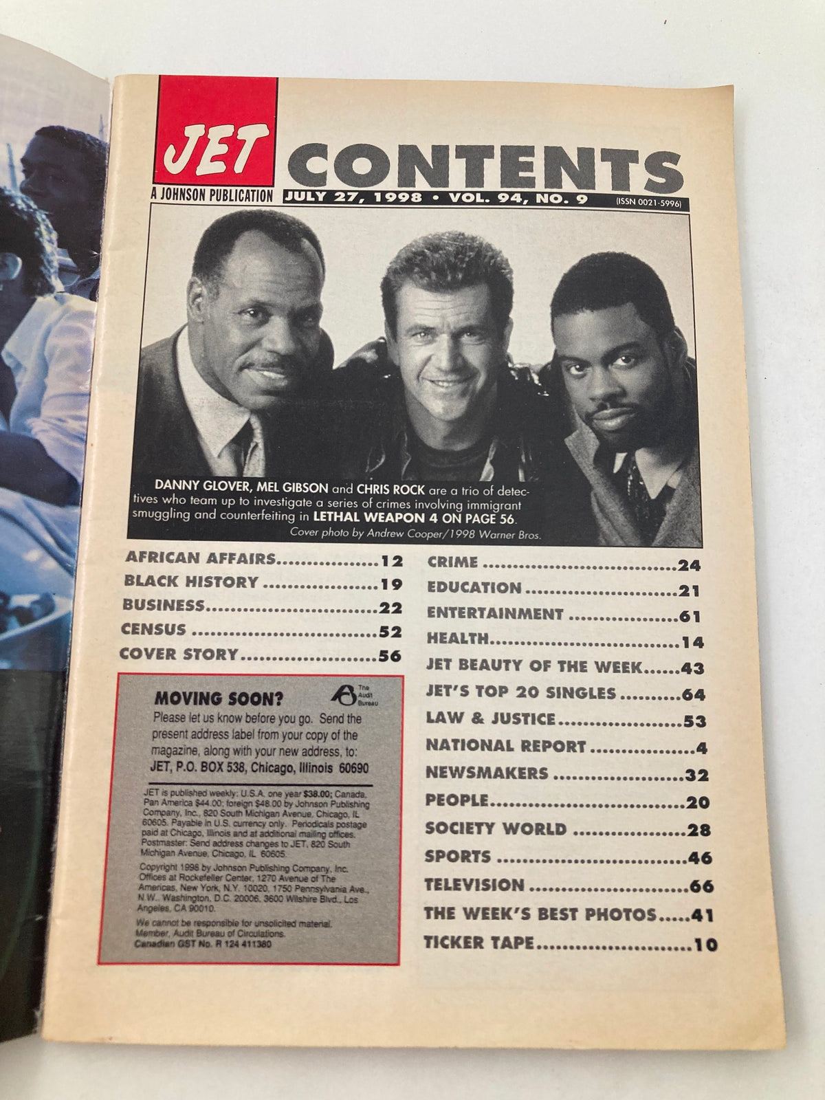 Contents page of Jet Magazine July 27 1998 Vol 94 #9 showcasing articles about Danny Glover, Mel Gibson, and Chris Rock, including features on African Affairs, Black History, and more.