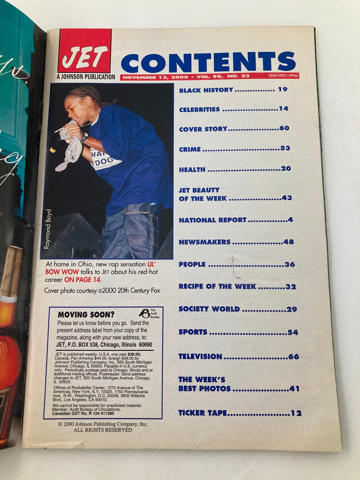 Inside contents page of Jet Magazine November 13, 2000, listing articles and features including Lil' Bow Wow.