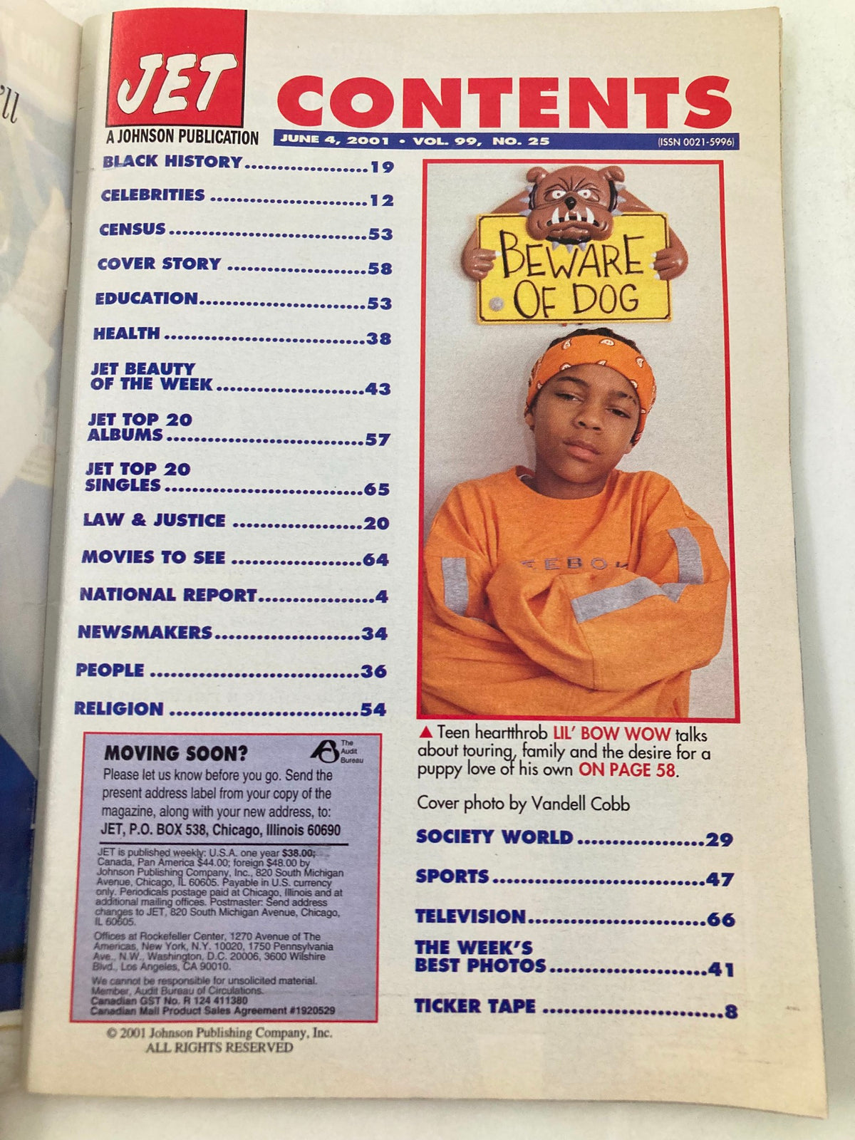 Interior page of Jet Magazine June 4 2001 Vol 99 #25, featuring the contents section with a note about Lil' Bow Wow and the warning 'Beware of Dog'.
