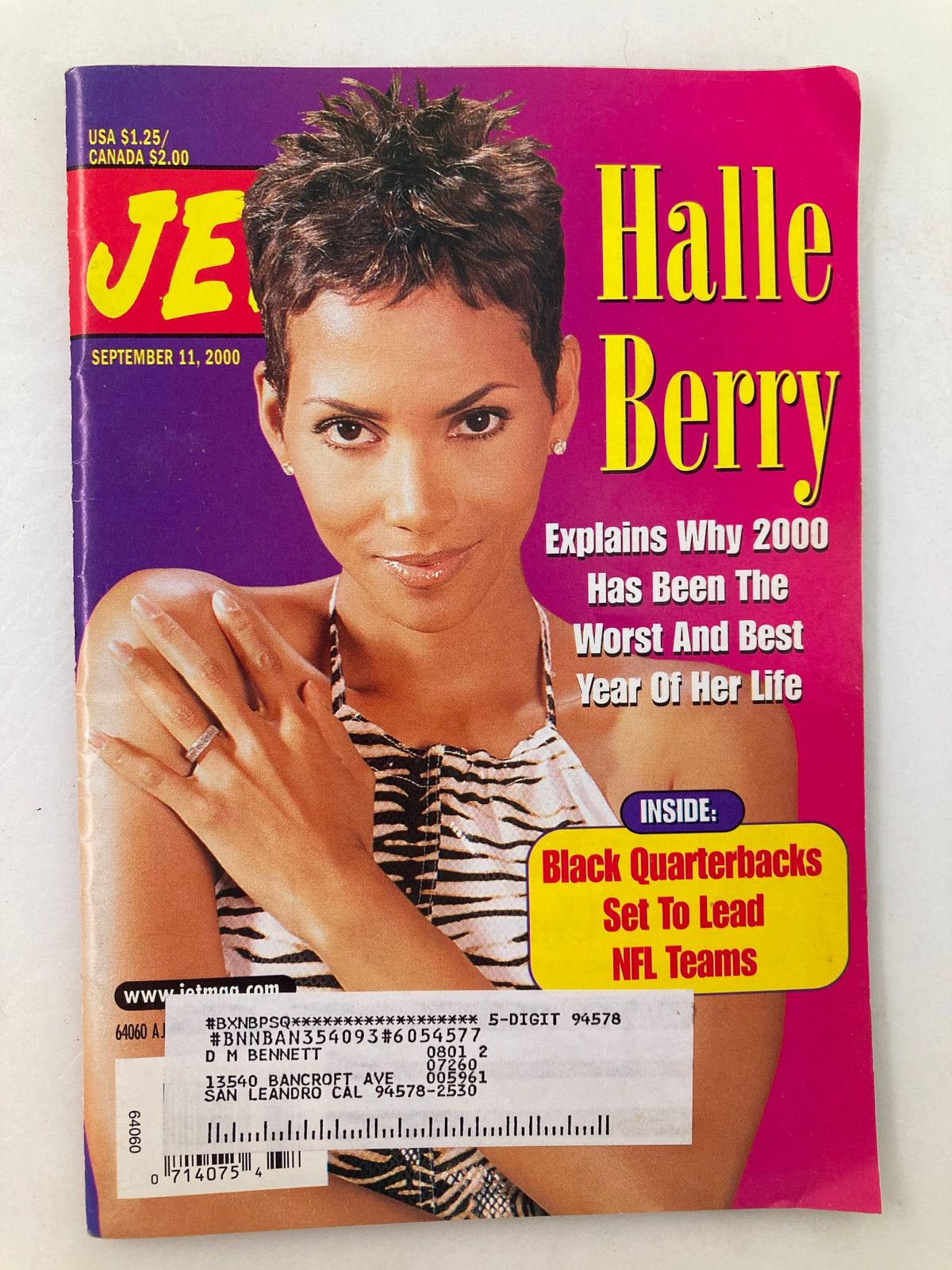Cover of Jet Magazine, September 11, 2000, featuring Halle Berry with the headline explaining why 2000 has been the worst and best year of her life. The magazine includes a label and minor wear on the cover.