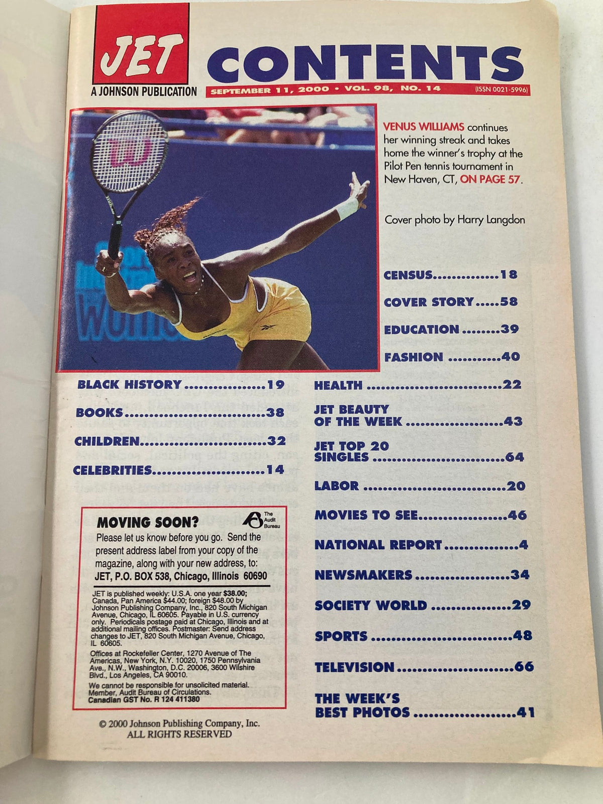 Contents page of Jet Magazine, September 11, 2000, Vol 98 No 14, showcasing articles including a feature on Venus Williams and various sections such as health, entertainment, and television.