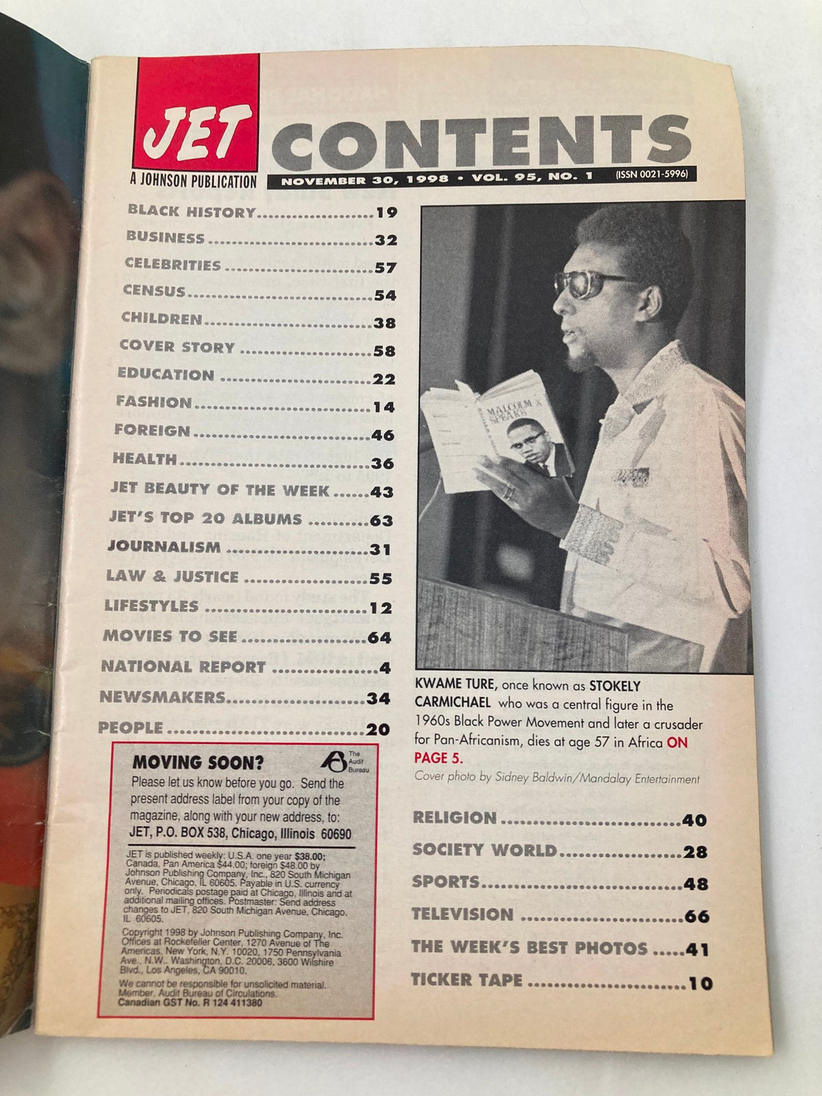 Contents page of Jet Magazine, November 30, 1998, Vol 95 #1, featuring Kwame Ture, also known as Stokely Carmichael, with a black and white photo holding a book titled 'Malcolm X'. Lists articles on various topics such as Black History, Business, Education, and Celebrities.