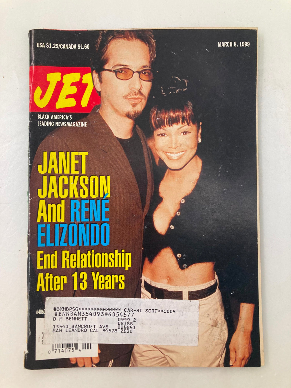 Cover of Jet Magazine, March 8, 1999, Vol 95 #14 featuring Janet Jackson and Rene Elizondo, discussing their 13-year relationship ending.